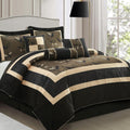 LANCO MODERN LIFESTYLE Black and Gold Comforter Set, Full, Short Plush Print with Leaves Pattern, Ultra Soft, 7 Piece Bedding Set, Bed in a Bag, Bedskirt, Shams and Decorative Pillows