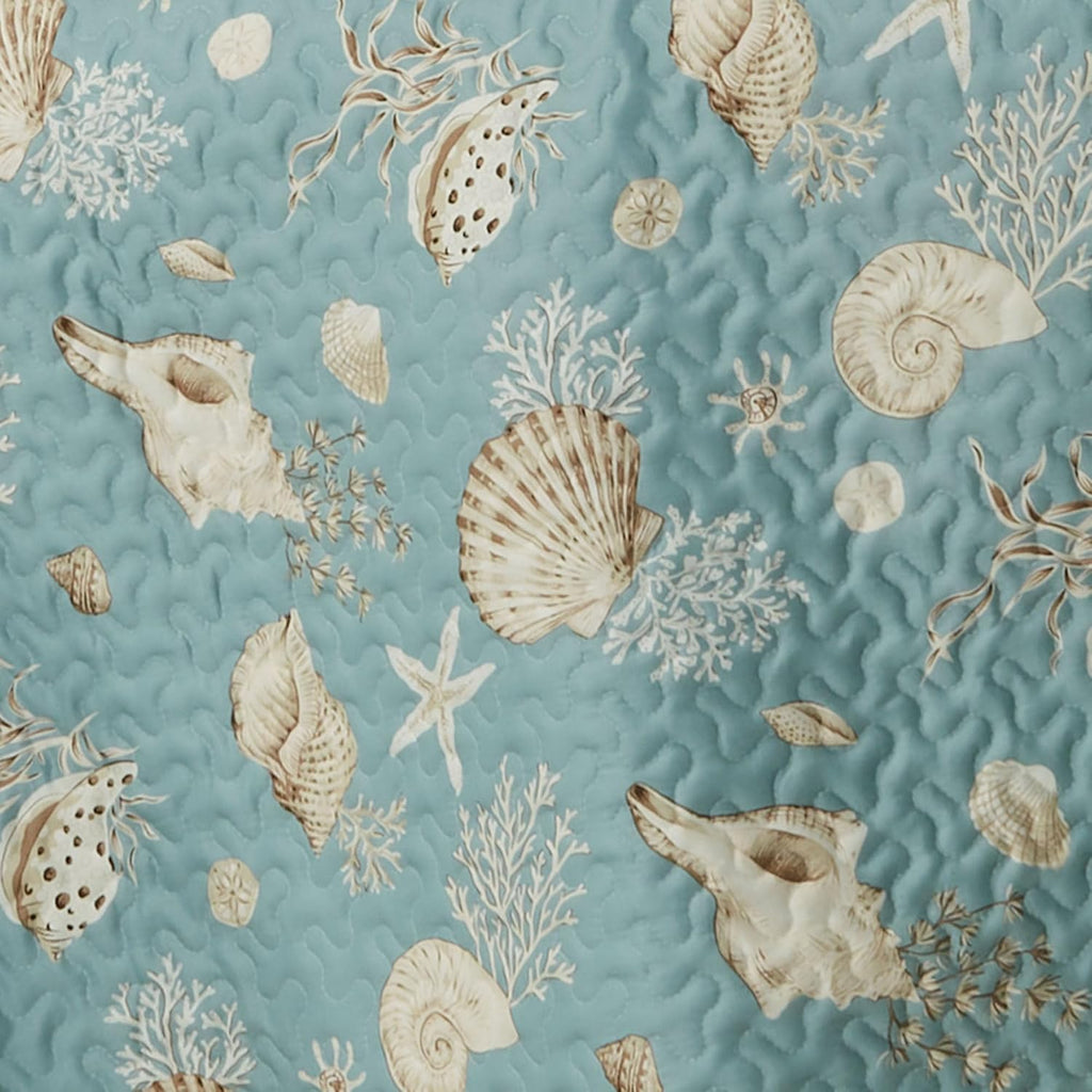 Touch of Class Seabreeze Coastal Beach Polyester Microfiber Bedding | All Season Quilted | Shell Starfish Coral Stripe | Aqua Teal Ivory Cream | 2 Pc Set: Twin Bedspread and 1 Standard Sham