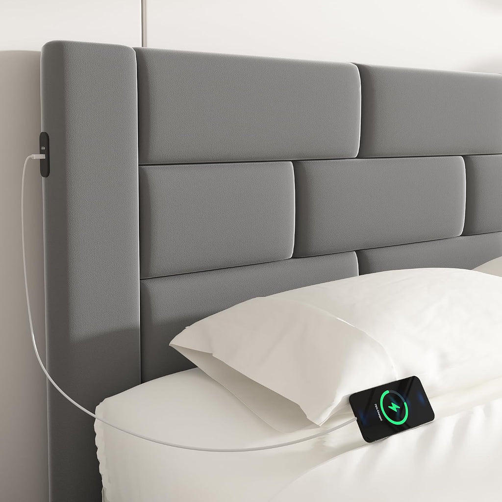VECELO Full Bed Frame with 4 Storage Drawers, Upholstered Platform Beds with Velvet Headboard and Charging Station-Ports for USB and Type-C, Noise-Free, No Box Spring Needed, Easy Assembly, Dark Grey