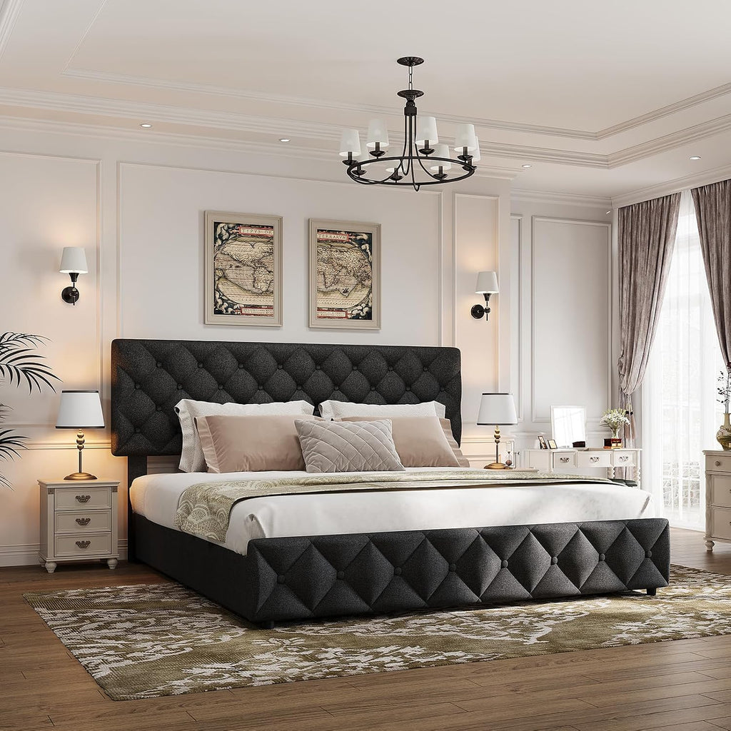 King Size Bed Frame with 4 Storage Drawers & Headboard, Linen Upholstered Platform Bed Frame, Stylish Diamond Tufted Design, No Box Spring Needed | Black