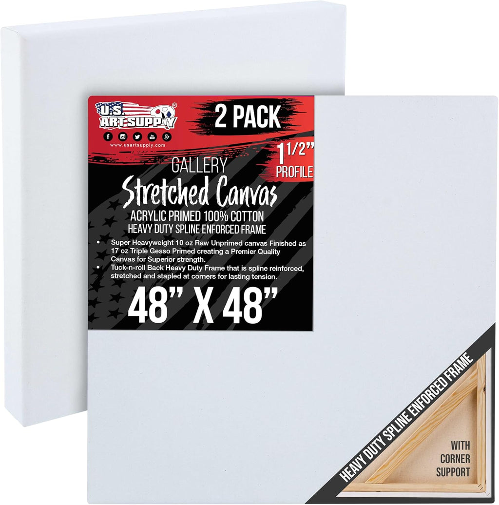 U.S. Art Supply X-Large Stretched Canvas for Painting 48x48 inch Gallery Depth 1-1/2' Thick, 2-Pack - 12oz Acrylic Gesso Triple Primed, Professional Artist Quality, 100% Cotton - Oil, Pouring Paint