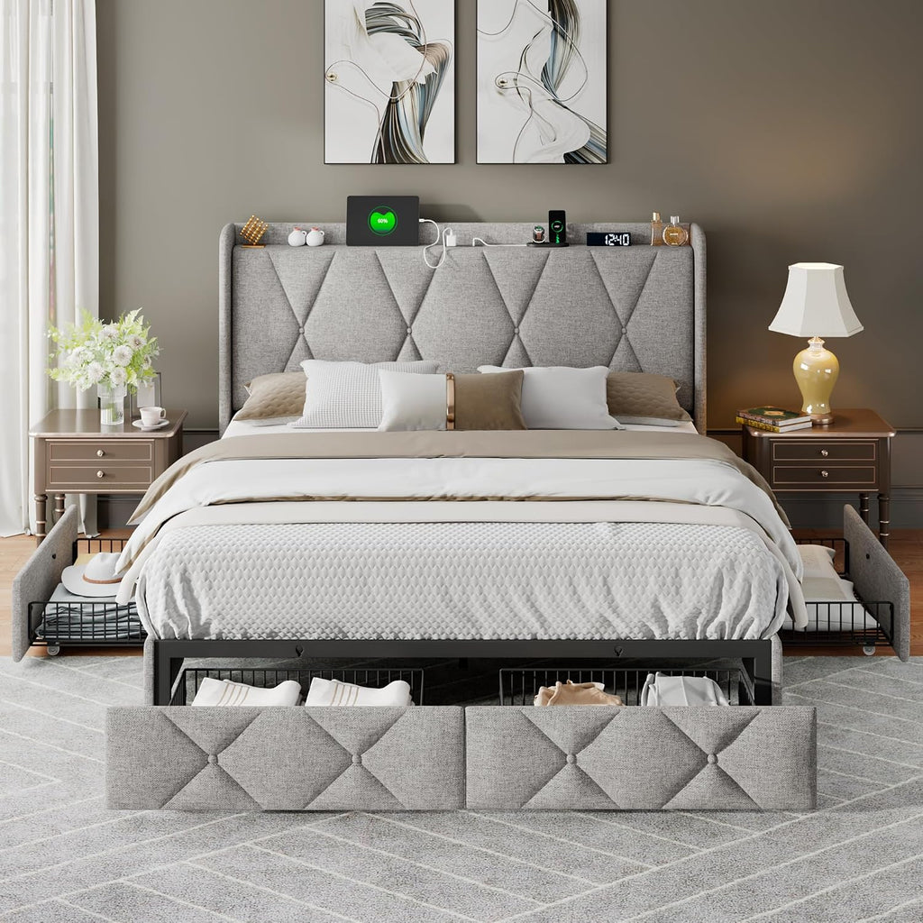 Feonase Full Bed Frame with 4 Storage Drawers, Upholstered Button Tufted Storage Headboard with Fast Charging Station, Heavy Duty Slats Support, No Box Spring Needed, Noise-Free, Light Grey