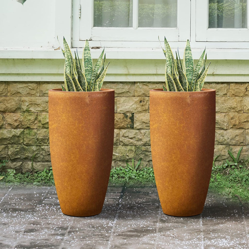 Kante 23.6' H Iron Oxide Finish Concrete Tall Planters (Set of 2), Large Outdoor Indoor Decorative Plant Pots with Drainage Hole and Rubber Plug, Modern Style for Home and Garden