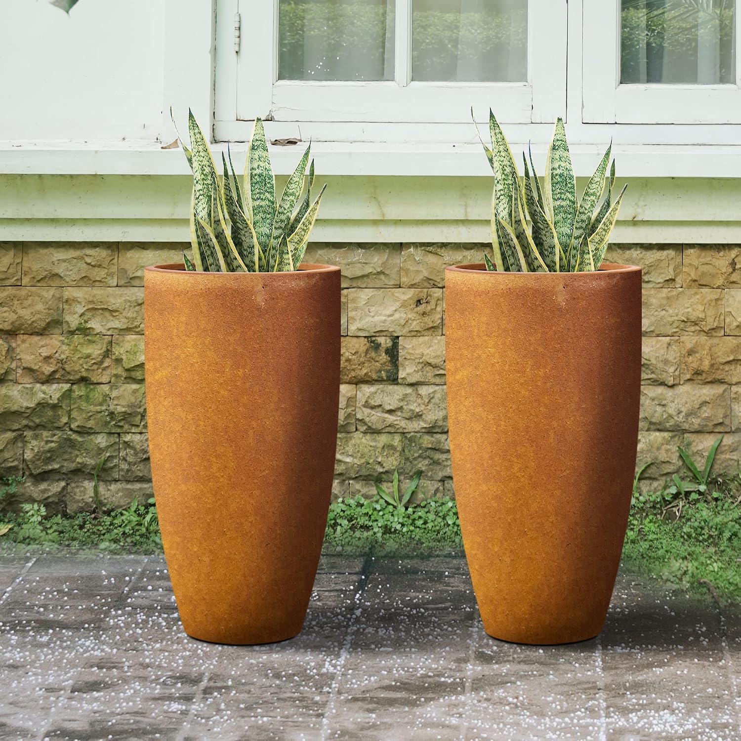 Kante 23.6' H Iron Oxide Finish Concrete Tall Planters (Set of 2), Large Outdoor Indoor Decorative Plant Pots with Drainage Hole and Rubber Plug, Modern Style for Home and Garden