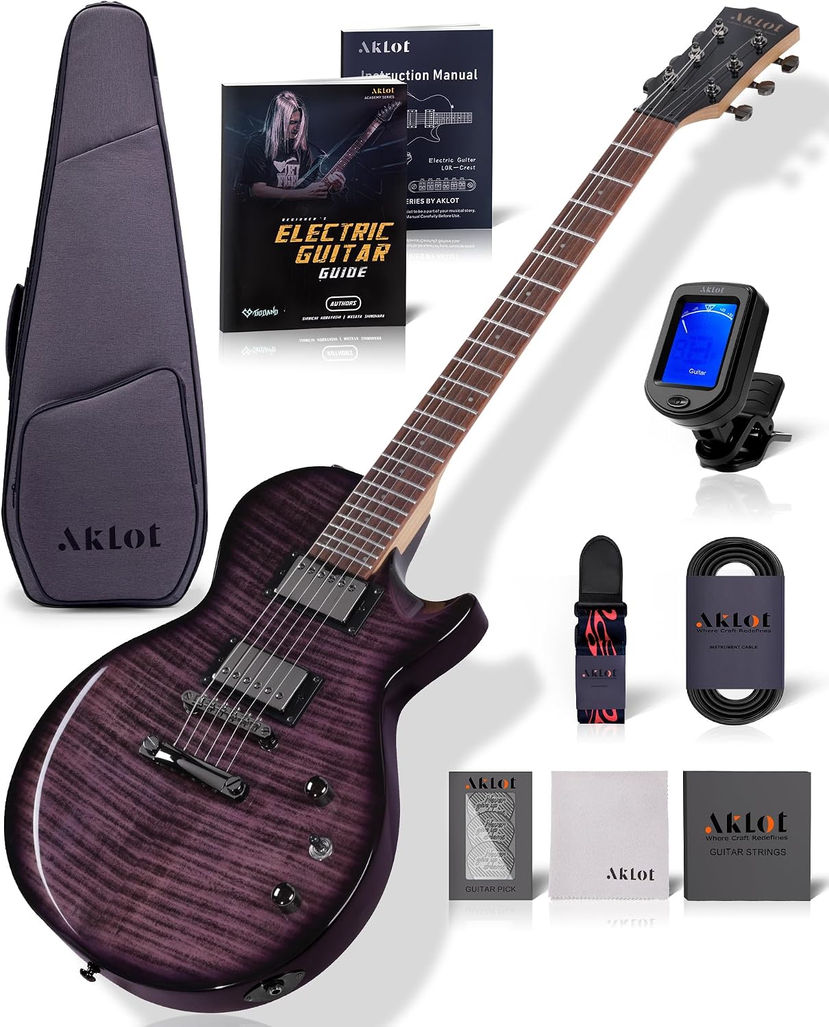 AKLOT 24-Fret Electric Guitar Kit, 40 inch Single Cut (LP Style), Modern Playability Coil-Split Humbucker Pickups, 18:1 Tuning Pegs,W/Guitar Accessories Gig Bag,Cable,Strap,Picks,Strings,Tuner,Book