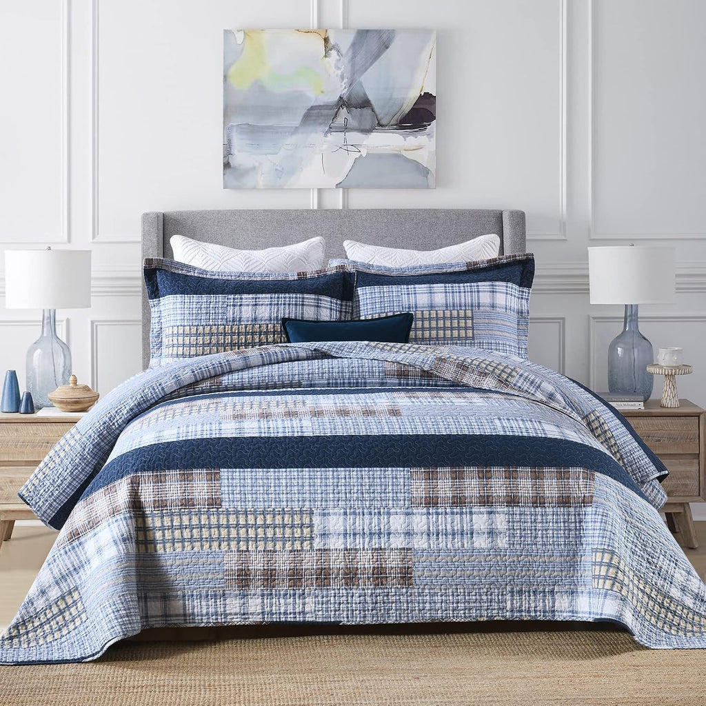Finlonte Quilt King Size 100% Cotton King Size Quilts Blue Beige White Bedspreads Plaid Quilts Lightweight Soft Breathable Bedding Sets for All Season, 3 Piece
