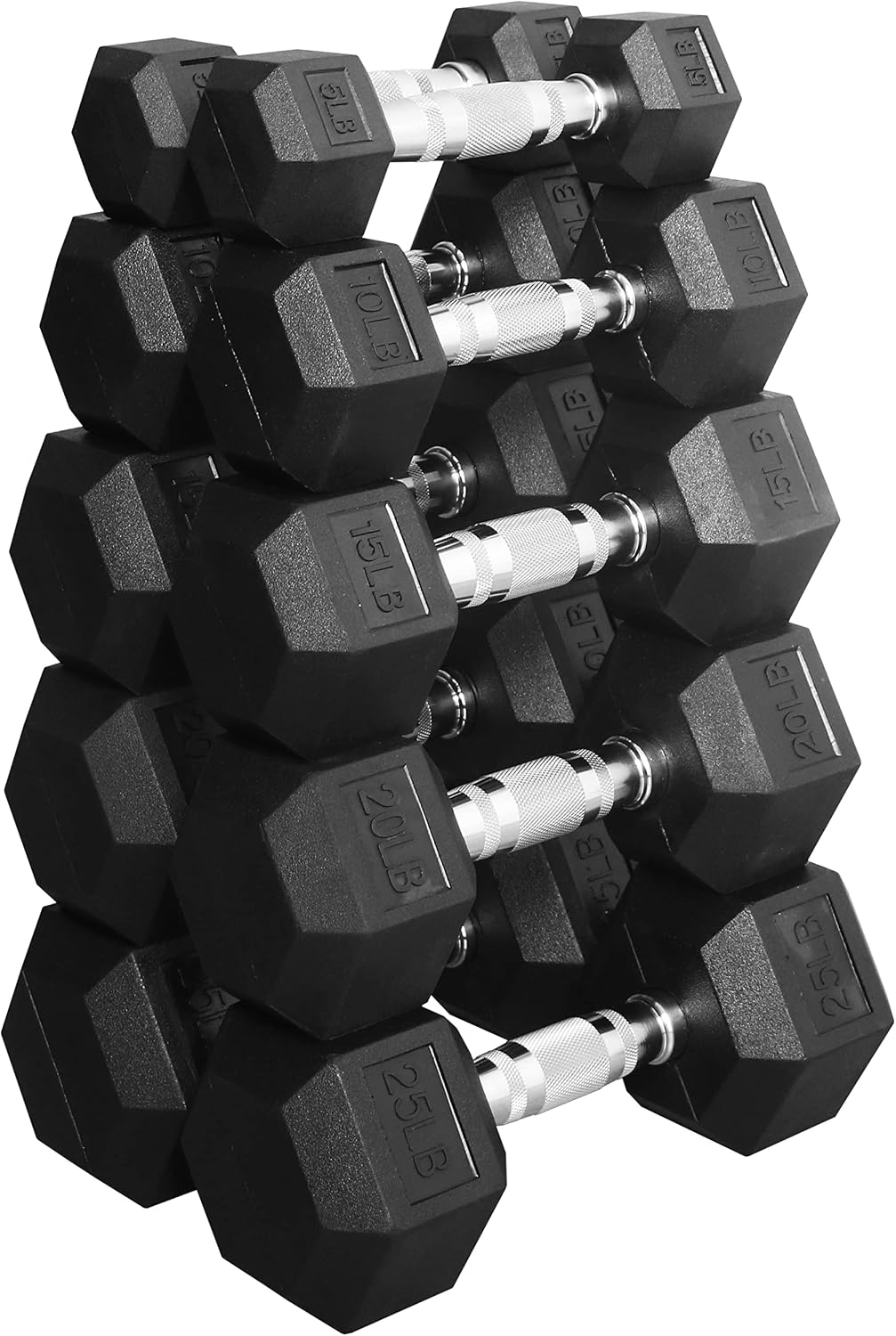 Signature Fitness Rubber Encased Hex Dumbbell, Set Including 5, 10, 15, 20, 25LB Pairs