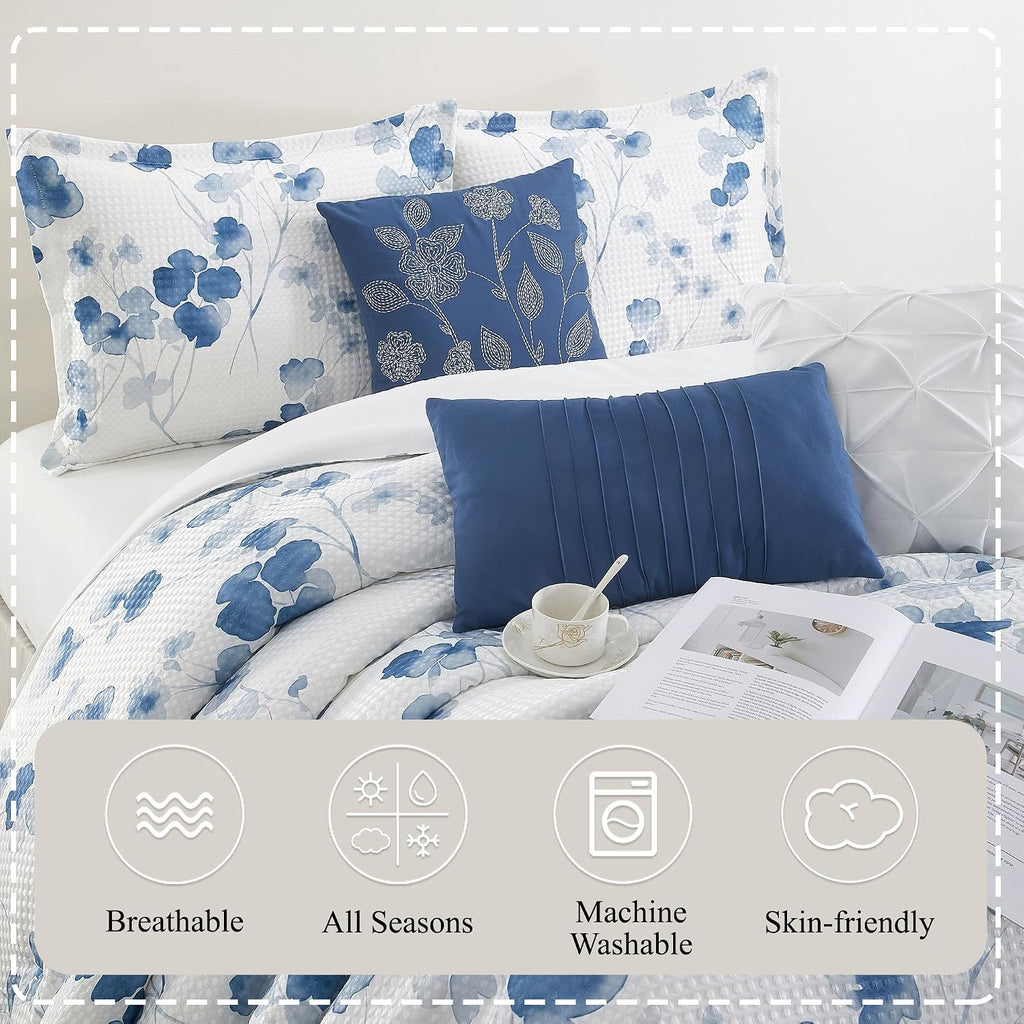 Stratford Park Waffle Printed Polyester Comforter Set, Blue Floral 7 Piece King Bedding Set, Elegant All Season Bedding, Matching Pillows, Shams, Bed Skirt