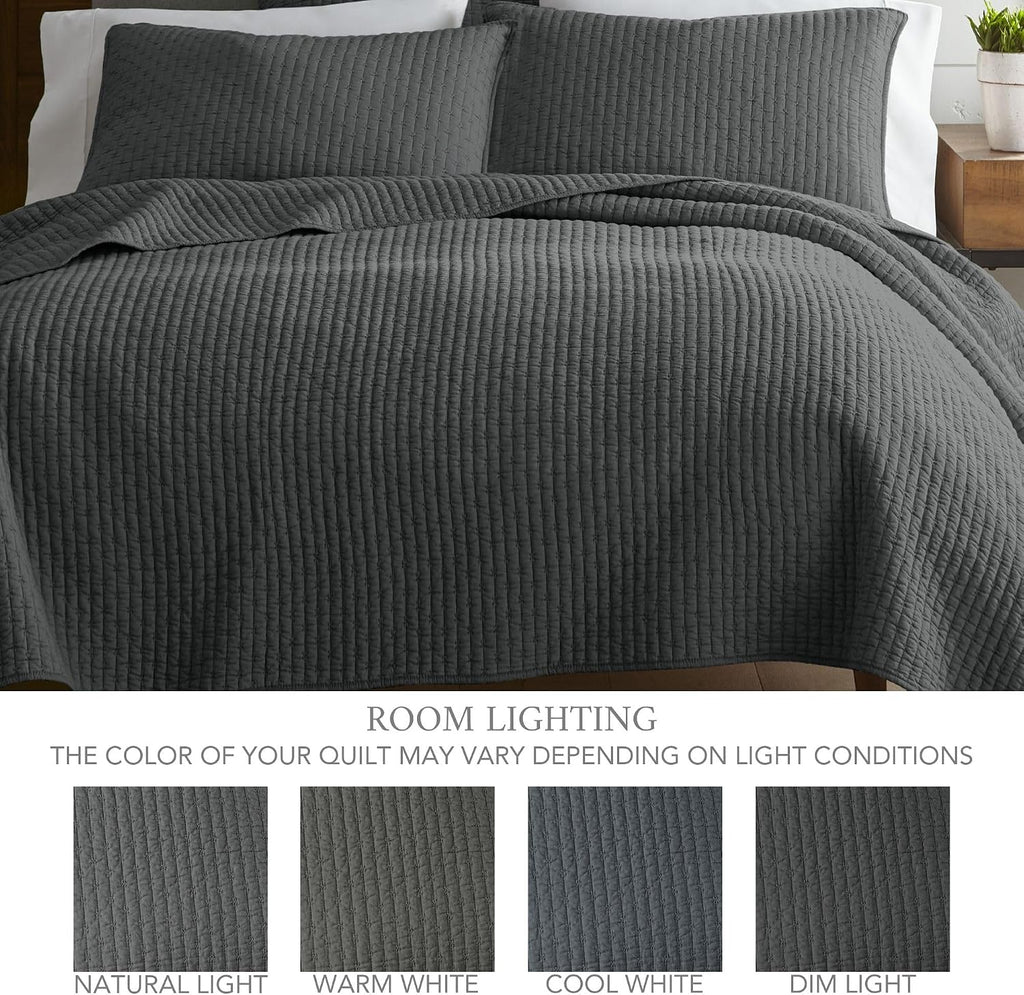 Levtex Home Cross Stitch Reversible King Bedspread Set (120x104in) with 2 Pillow Shams (36x20in) - Stitch Texture - Charcoal - Cotton King Size Bedspread Set - Soft, Pre-Washed