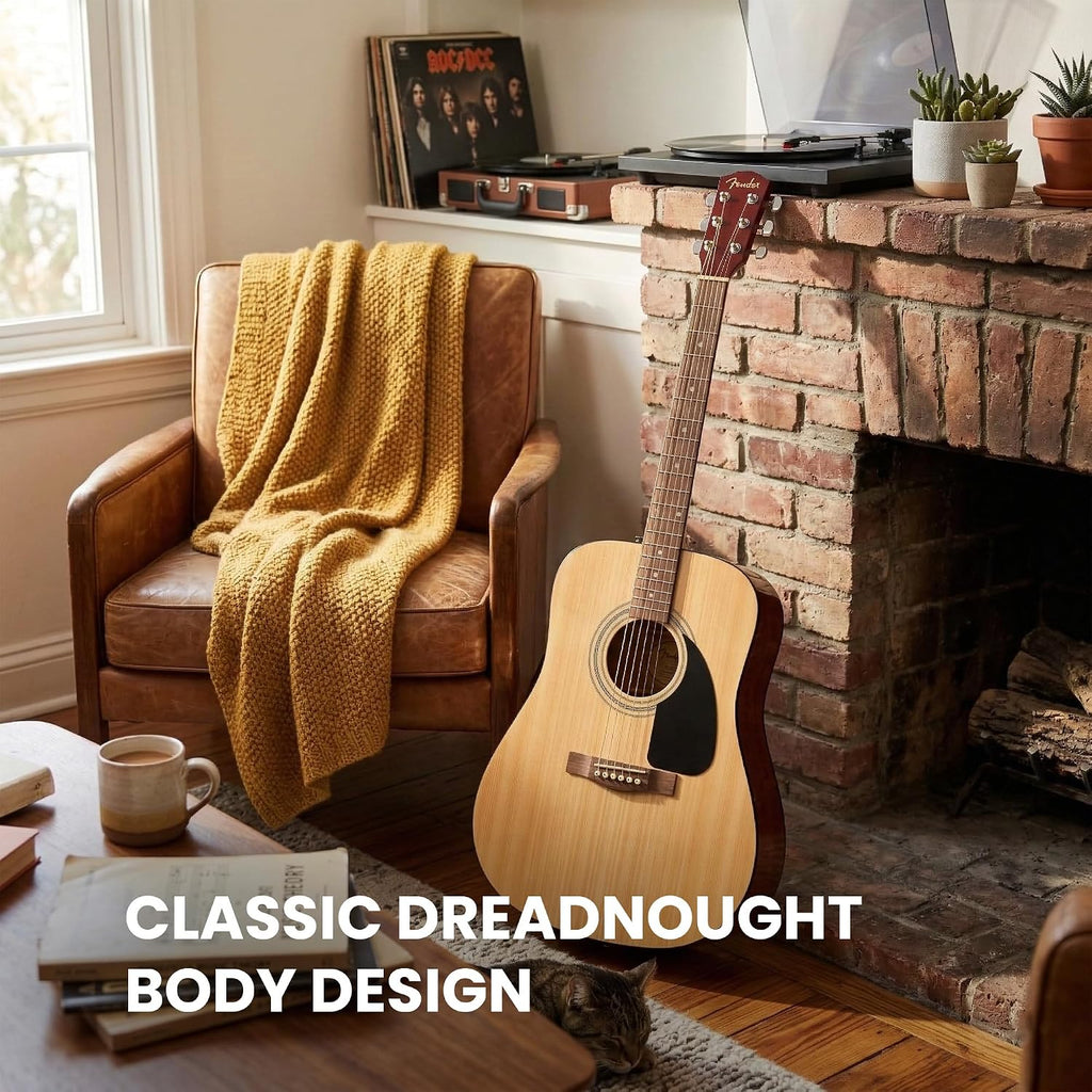 Fender Dreadnought Acoustic Guitar - Natural Bundle with Gig Bag, Tuner, Strings, Strap, and Picks