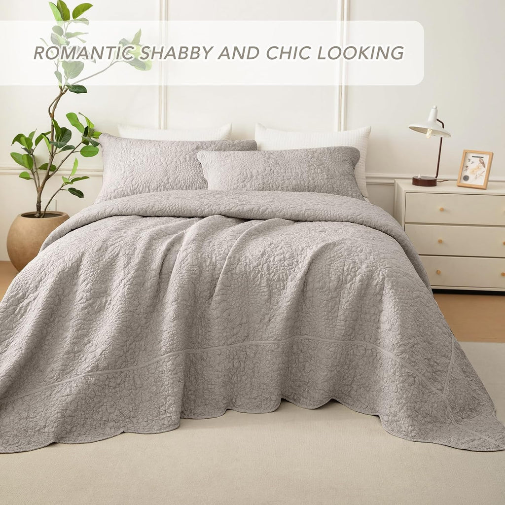 Lady Ann Oversized King 120x120 Quilt Set, 3 Pcs Stone-Washed Crinkled Linen Feel Cal King Size Bedspread Set, Crinkled Scalloped Edge Coverlet Extra Large Quilted Blanket Farmhouse Rustic Bedding Set