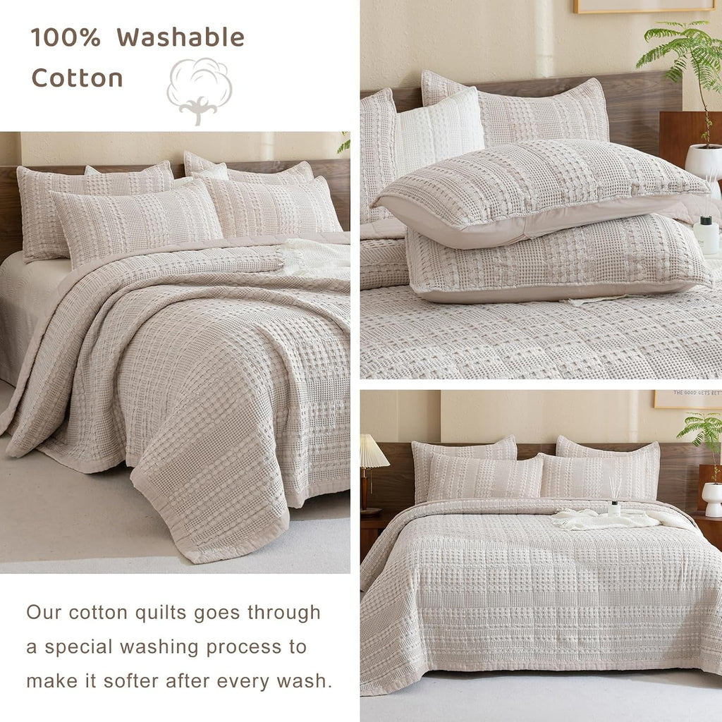 Sanracie Oversized King Quilt (120'x120'), Cotton Oatmeal Colored Waffle Weave Quilted Bedding Set Super Large Soft Bedspread 3Pcs Luxury Aesthetic Coverlet Set for All Season