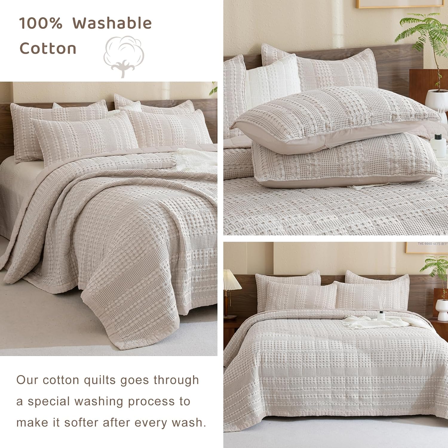 Sanracie Oversized King Quilt (120'x120'), Cotton Oatmeal Colored Waffle Weave Quilted Bedding Set Super Large Soft Bedspread 3Pcs Luxury Aesthetic Coverlet Set for All Season
