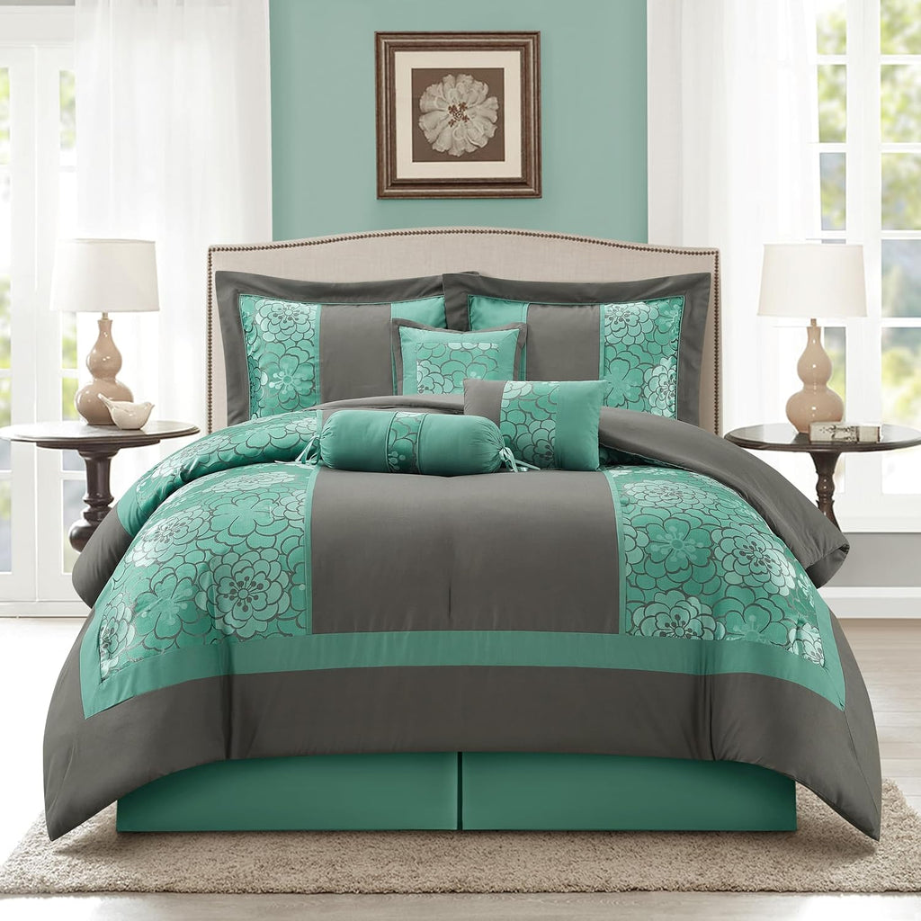 Grand Avenue Aqua Grey Comforter Set King Size, 7 Piece Jacquard Soft Bedding Set, All Season, Bedskirt, Pillows & Shams