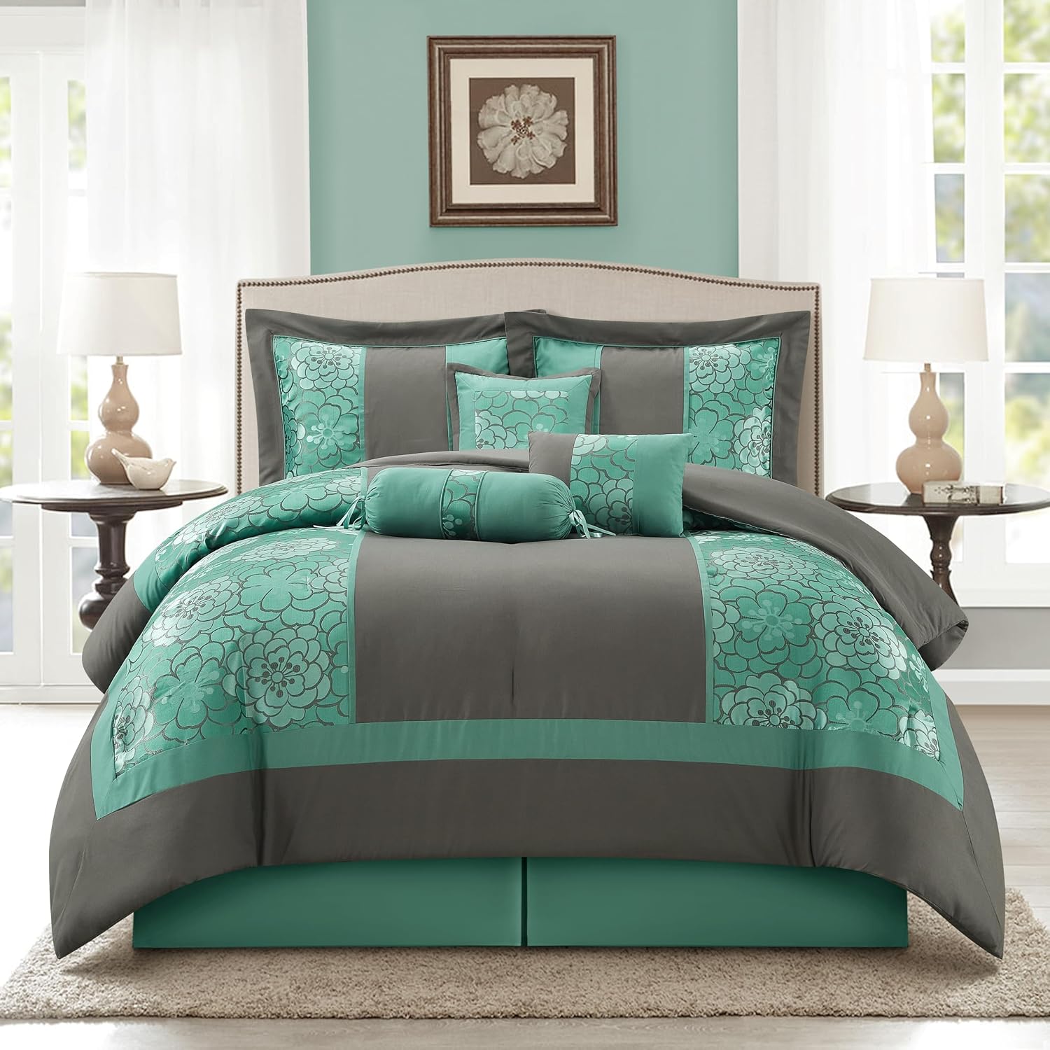 Grand Avenue Aqua Grey Comforter Set King Size, 7 Piece Jacquard Soft Bedding Set, All Season, Bedskirt, Pillows & Shams