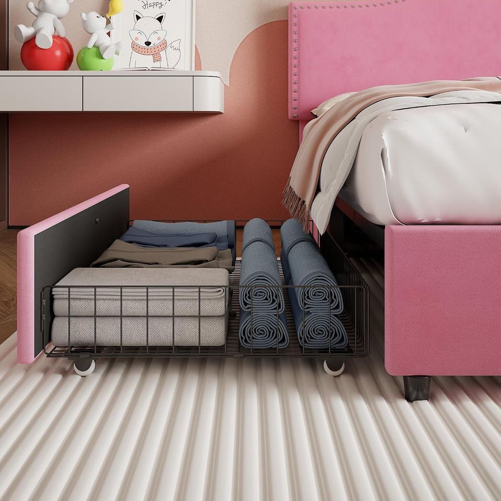 VECELO Queen Bed Frame, Platform Bed Frame with 4 Underbed Storage Drawers & Adjustable Height Upholstered Headboard, Heavy-Duty Frame and Strong Wooden Slats Support, Noise-Free, Easy Assembly, Pink