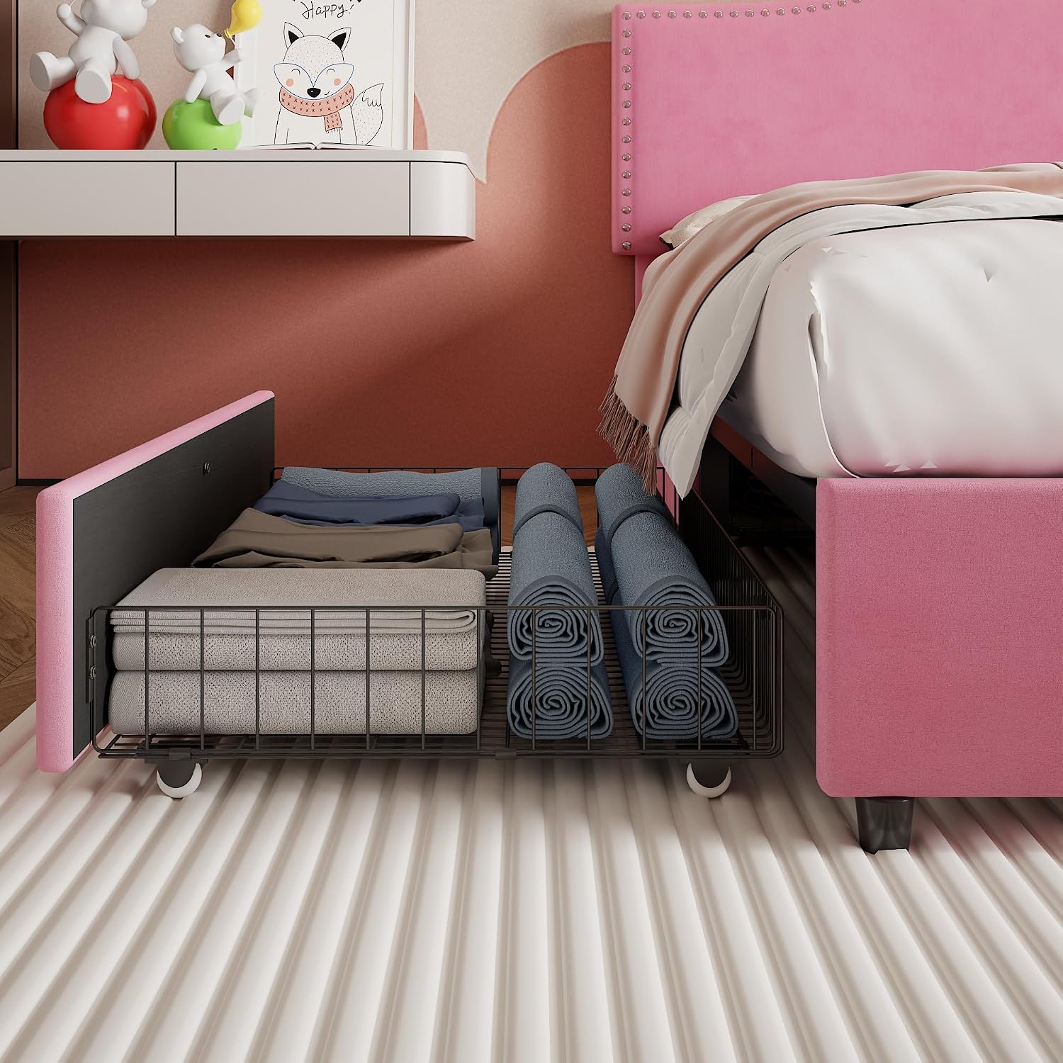 VECELO Full Bed Frame, Platform Bed Frame with 4 Underbed Storage Drawers & Adjustable Height Upholstered Headboard, Heavy-Duty Frame and Strong Wooden Slats Support, Noise-Free, Easy Assembly, Pink
