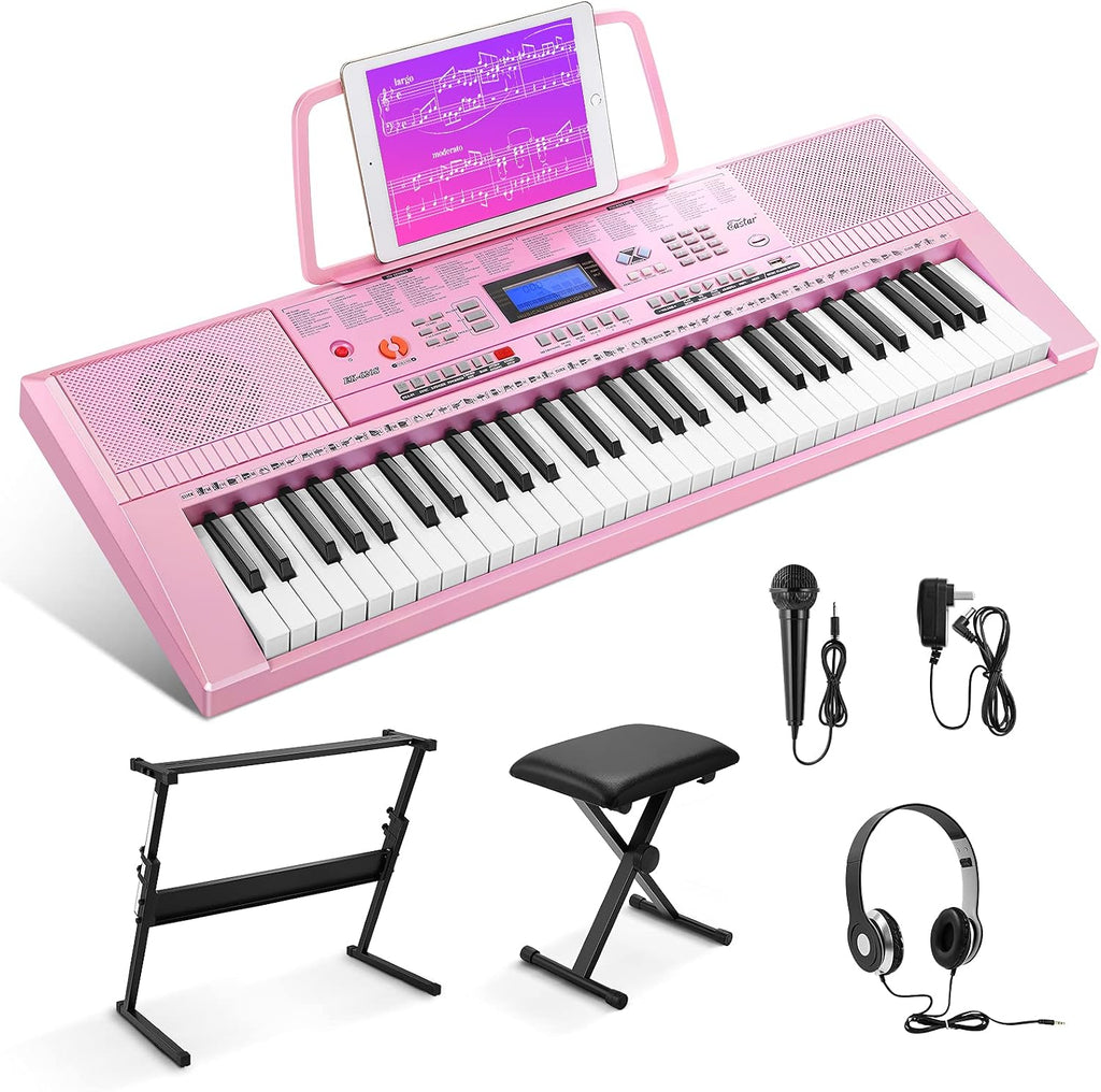 Eastar Electronic Keyboard Piano Kit 61 Key for Beginner, Children Digital E Piano with Stand, Bench, Music Stand and Microphone, Pink, Musical Instrument Birthday Gifts for Kids Girls Daughter