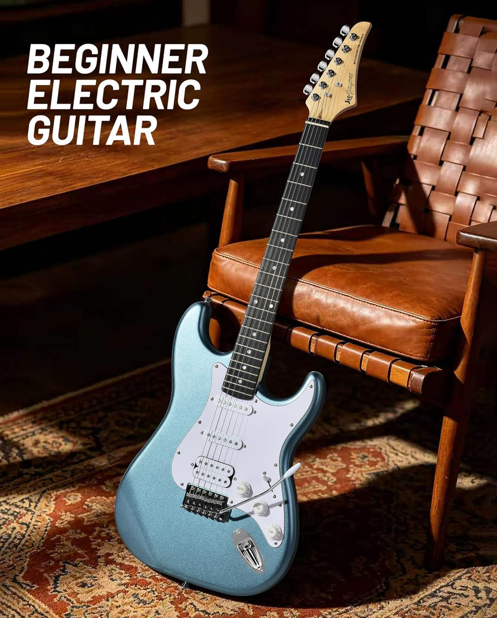 Leo Jaymz Beginner Electric Guitar 39' Kit with Portable Amplifier, Padded Gig Bag, Digital Tuner，Capo，Strap，Picks，HSS Pickups (Cyan-HSS)