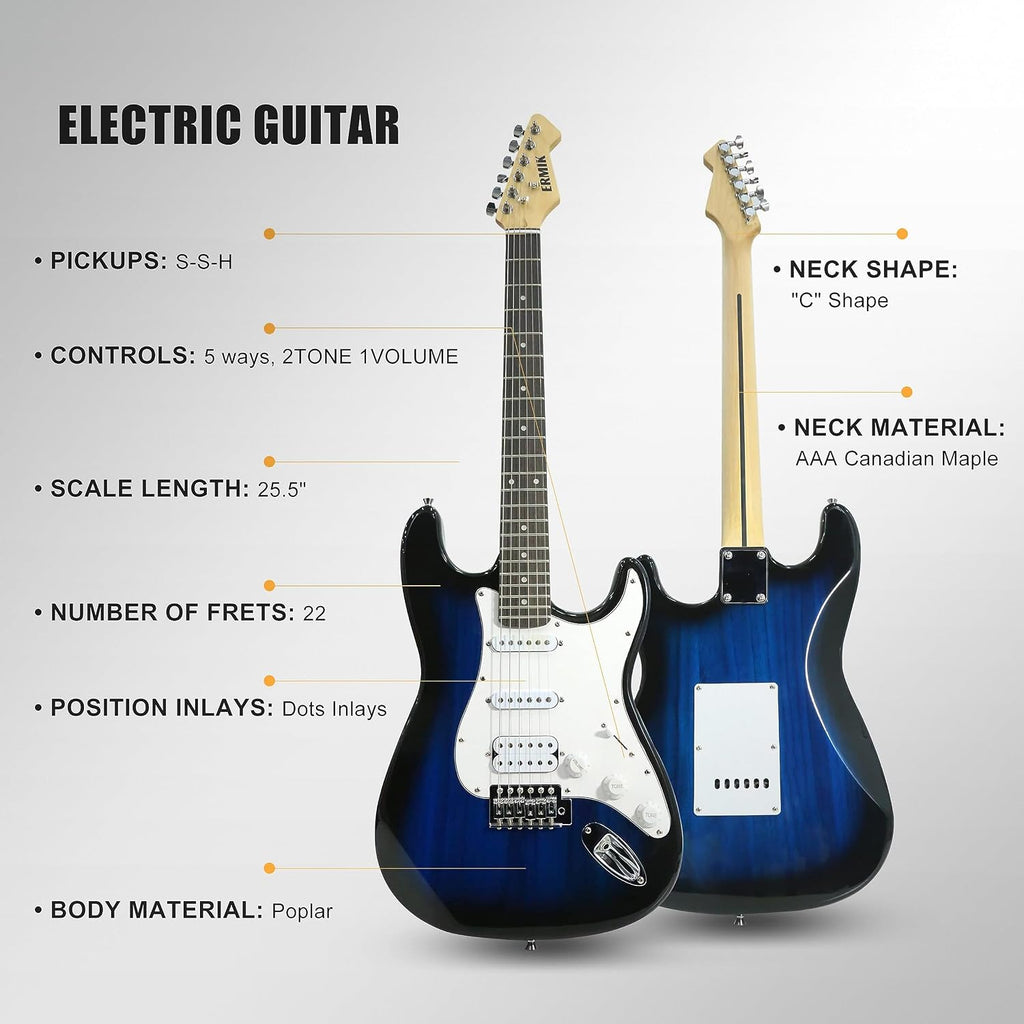 Ermik Solid Body Electric Guitar Kit with Amp 20W, Strings, Strap, Digital Tuner, Picks, Gig Bag, Cable, Tremolo Bar, 39' Full Size Guitar HSS Pickups Guitarra Electrica Beginner Gift - Blue