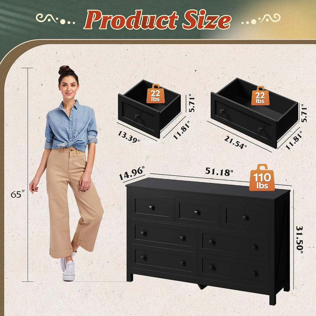 WLIVE Farmhouse Dresser for Bedroom, 51.18'' Wide 7 Drawer Wood Dresser, Black TV Stand for 65 inch TV, Wooden Chest of Drawers for Bedroom, Modern Clothes Organizer for Living Room, Hallway