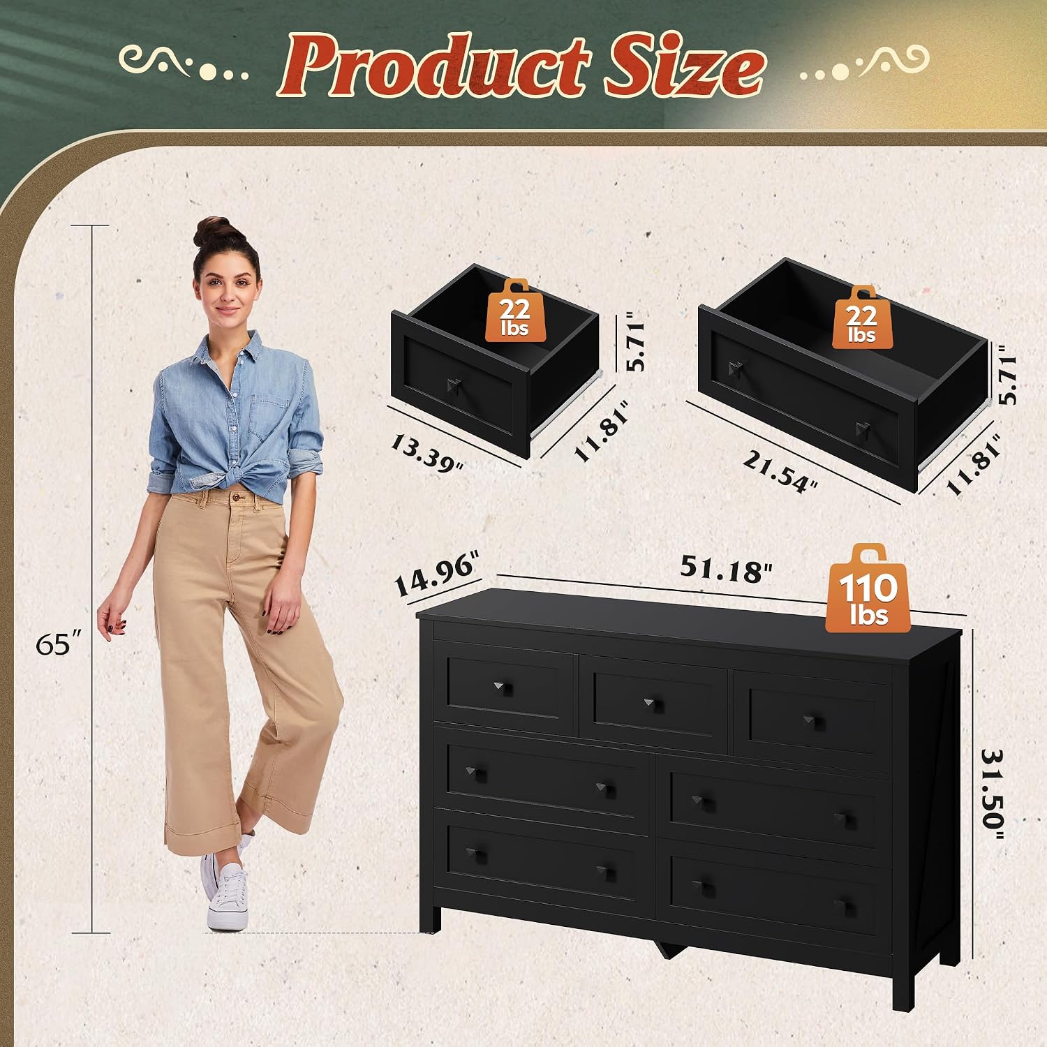 WLIVE Farmhouse Dresser for Bedroom, 51.18'' Wide 7 Drawer Wood Dresser, Black TV Stand for 65 inch TV, Wooden Chest of Drawers for Bedroom, Modern Clothes Organizer for Living Room, Hallway