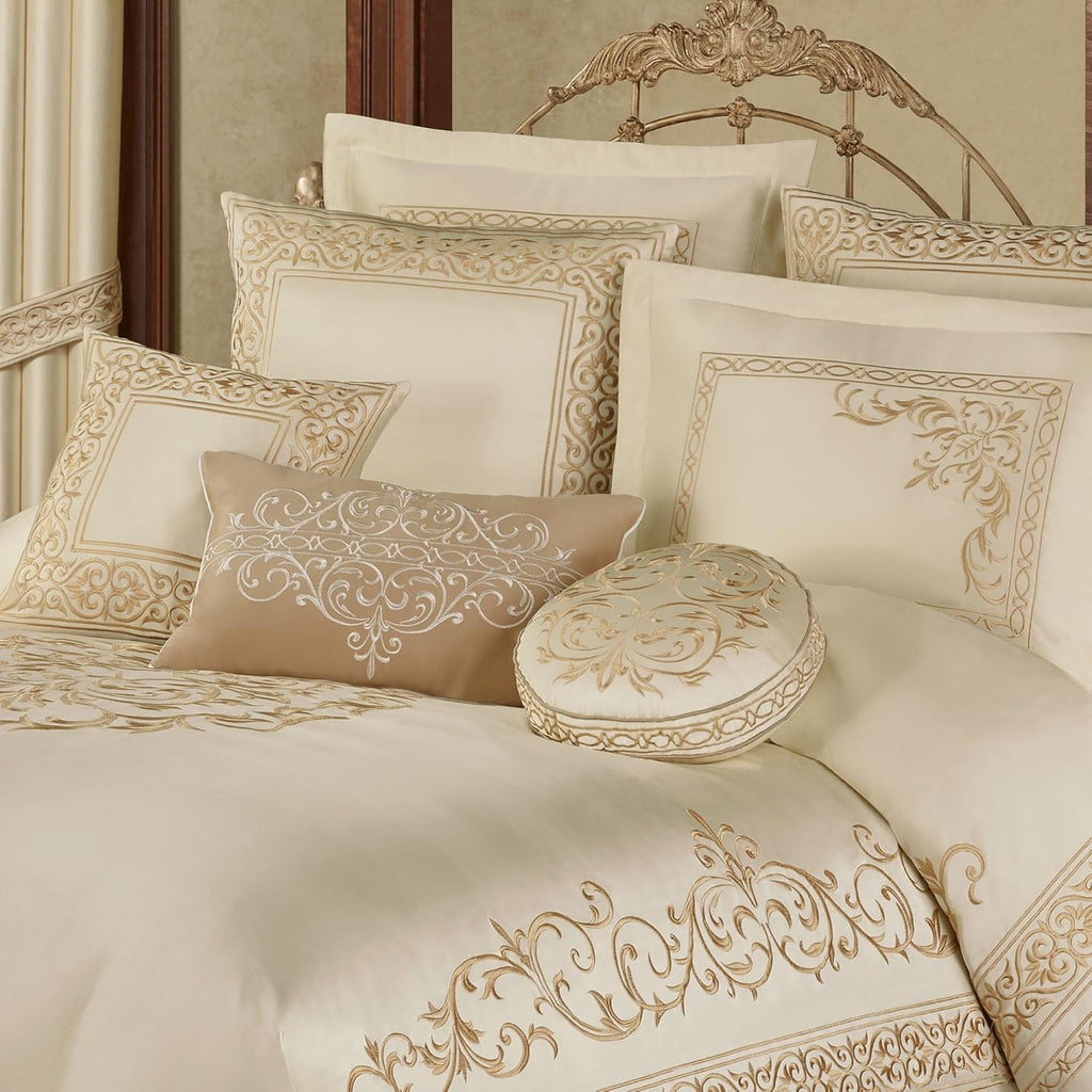 Touch of Class Versailles Luxury Bedding | Classic Pearl | Palace-Inspired French Style Golden Scrollwork Embroidery on Sateen 6 Piece Set: Queen Bedspread, 2 Standard Shams & 3 Decorative Pillows