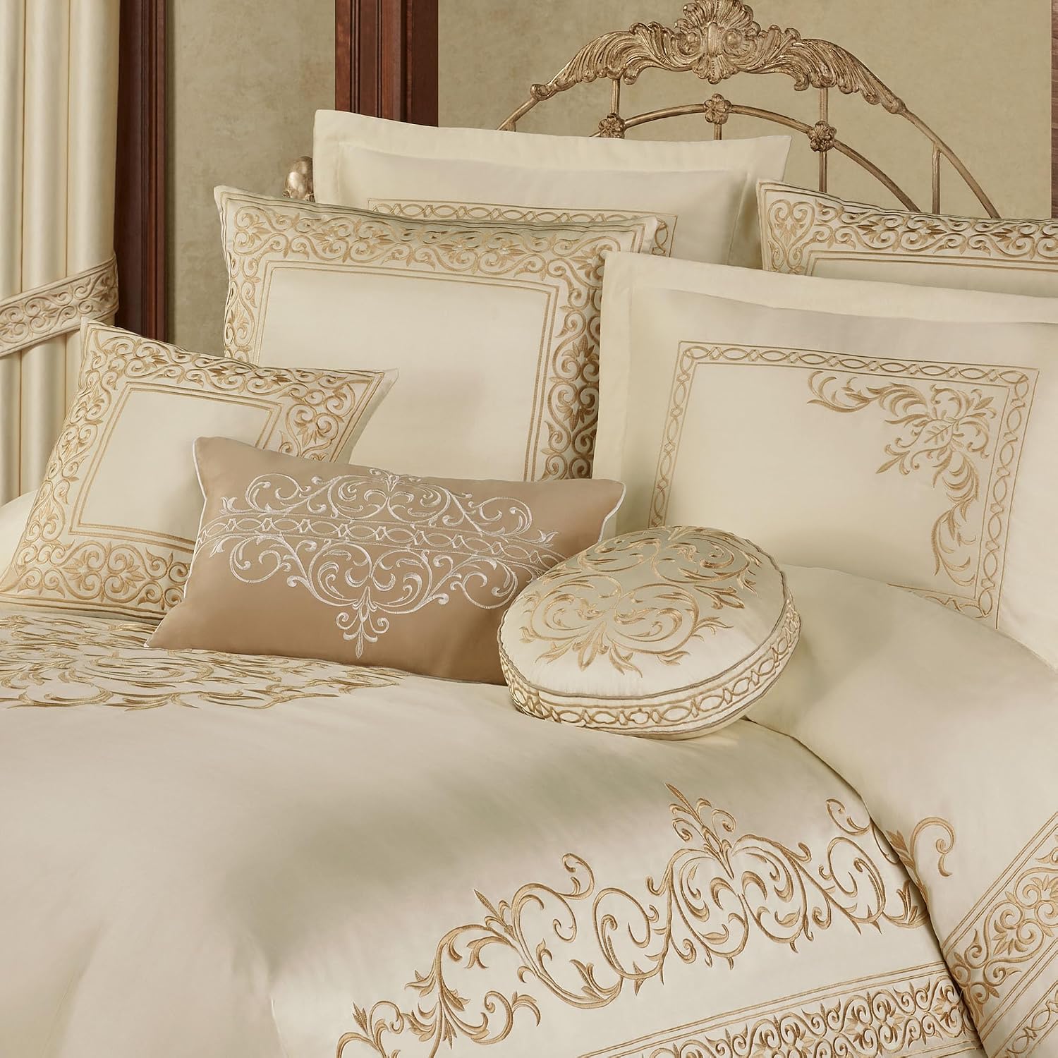 Touch of Class Versailles Luxury Bedding | Classic Pearl | Palace-Inspired French Style Golden Scrollwork Embroidery on Sateen 6 Piece Set: King Bedspread, 2 King Shams, and 3 Decorative Pillows