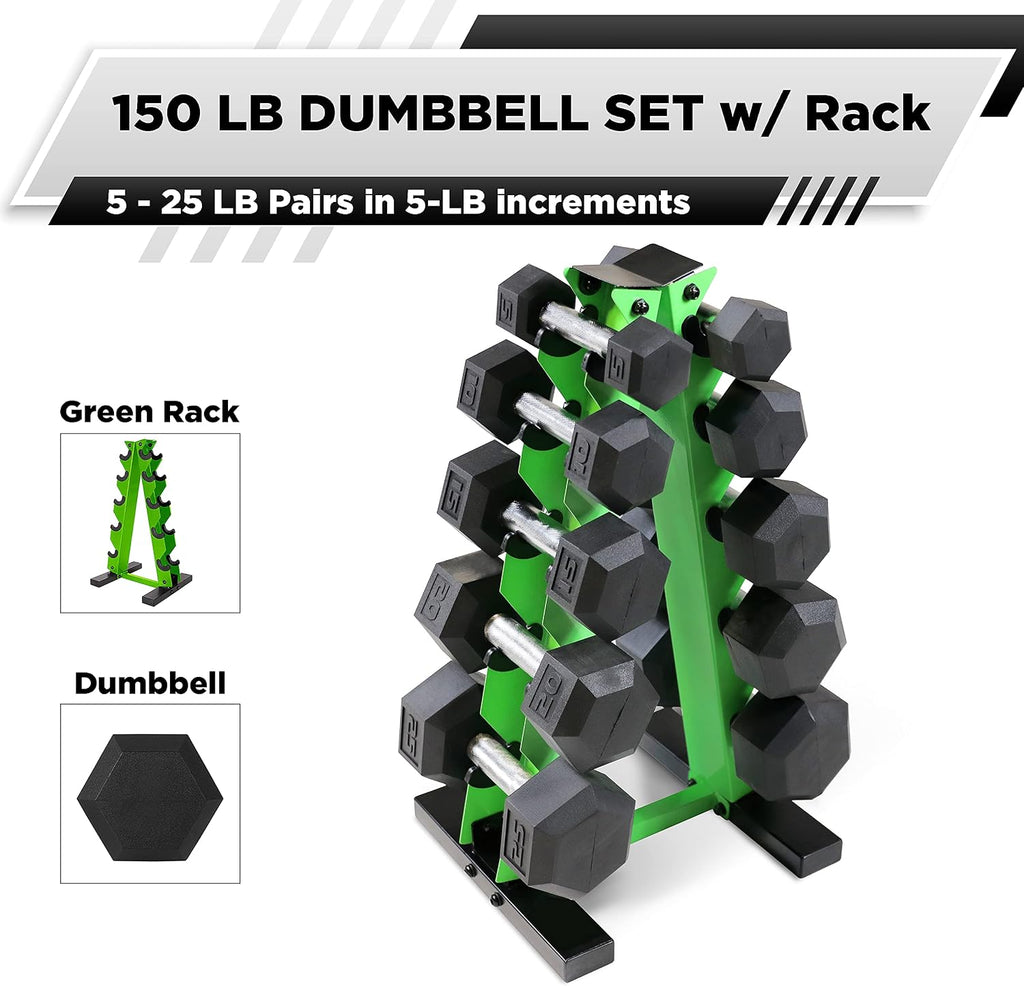 WF Athletic Supply 5-25Lb Rubber Coated Hex Dumbbell Set with A Frame Storage Rack Non-Slip Hex Shape for Muscle Toning, Strength Building & Weight Loss - Multiple Choices Available