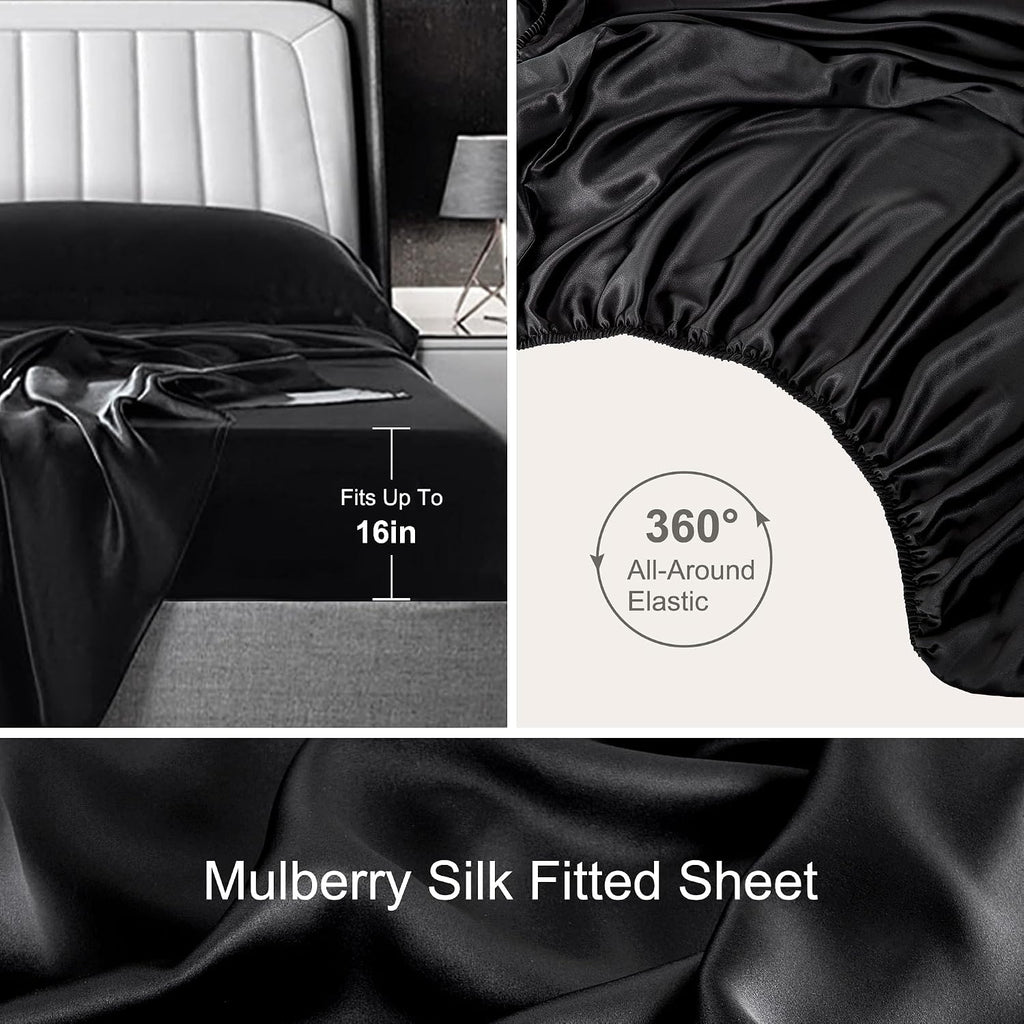 4 Pieces 100% Mulberry Silk Sheet Set Bed Sheets, 19 Momme Queen Size 6A Luxury Silk Bedding Set with Flat Sheet, Fitted Sheet & 2 Pillowcases (Queen, Black)