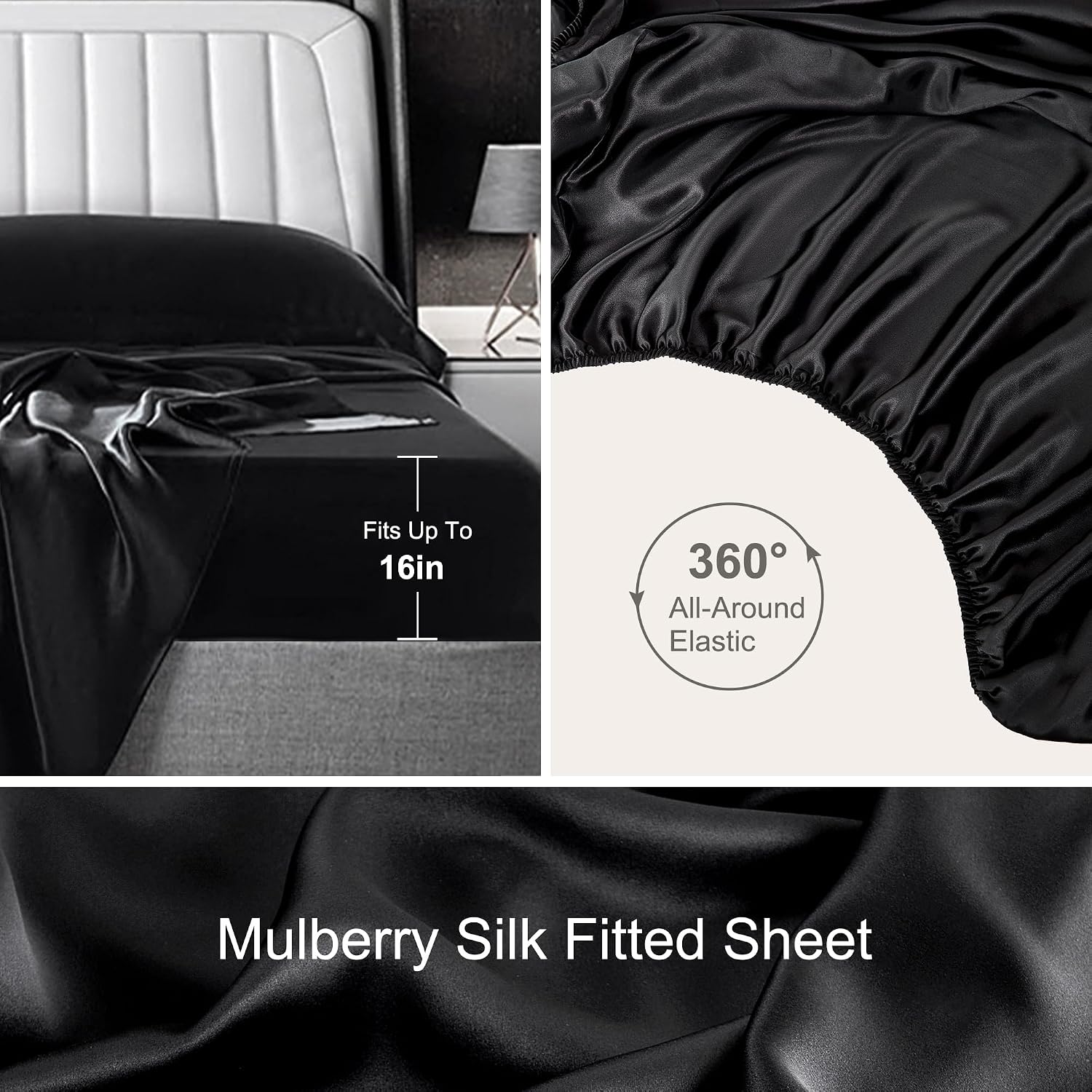 4 Pieces 100% Mulberry Silk Sheet Set Bed Sheets, 19 Momme Queen Size 6A Luxury Silk Bedding Set with Flat Sheet, Fitted Sheet & 2 Pillowcases (Queen, Black)