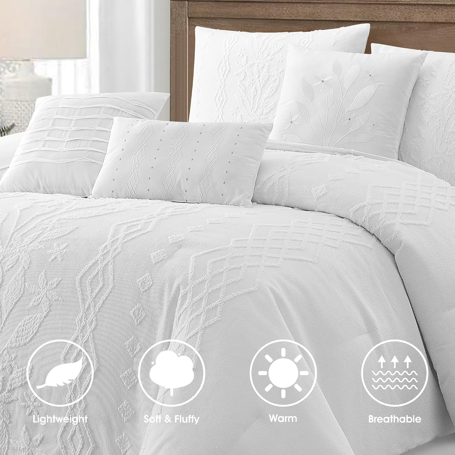 LANCO MODERN LIFESTYLE White Comforter Set, Queen Size, 7 Pieces Jacquard Boho Bedding Set for All Seasons, Ultra Soft and Fluffy, Matching Pilllow Shams, Bedskirt and Decor Pillows