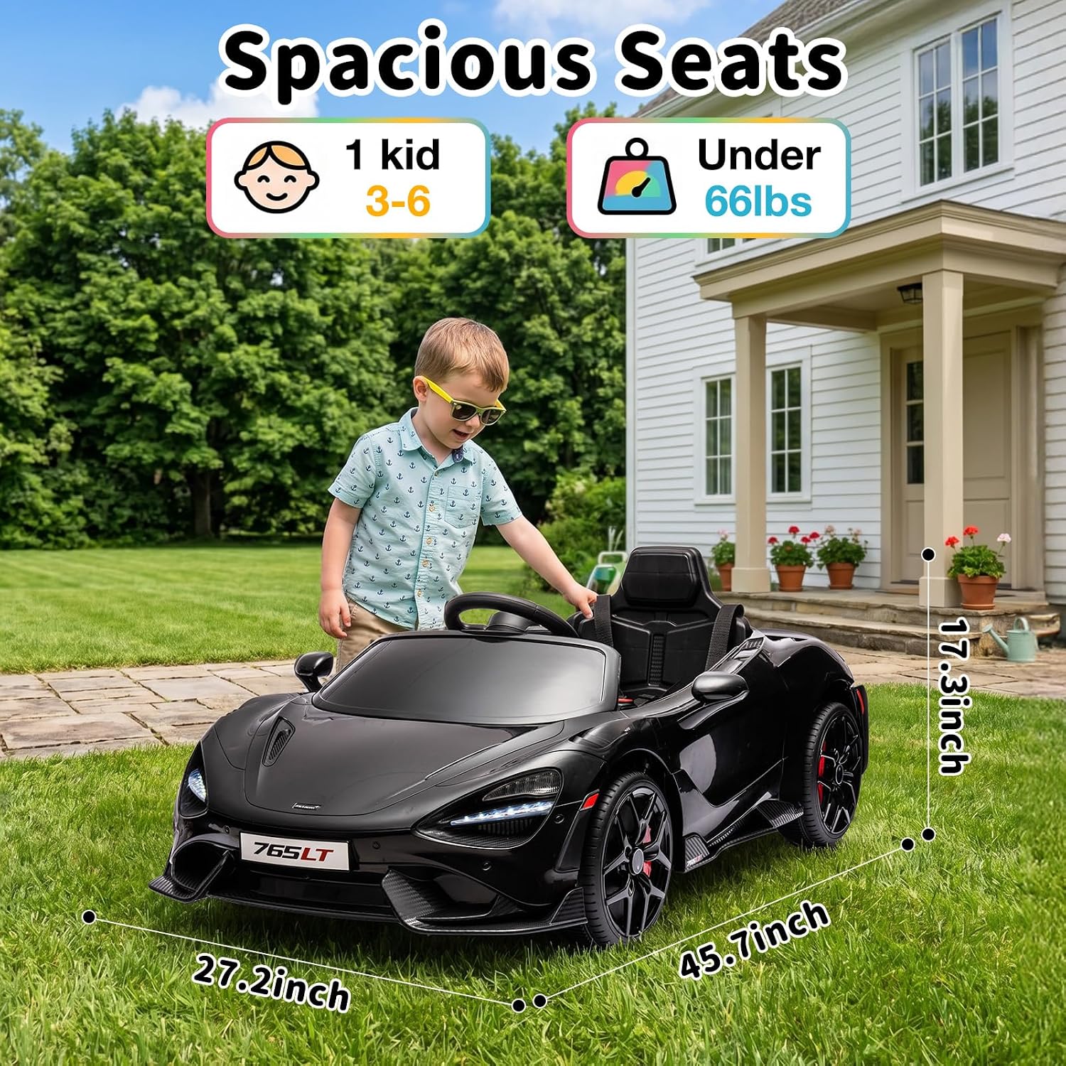 Kids Ride-on Car Licensed McLaren765LT for 3-6Years Old, Electric car 12V Battery Powered Electric Vehicle, w/Parent Remote, Music Player, LED Lights, Smooth Start, 3 Speeds, (Black)
