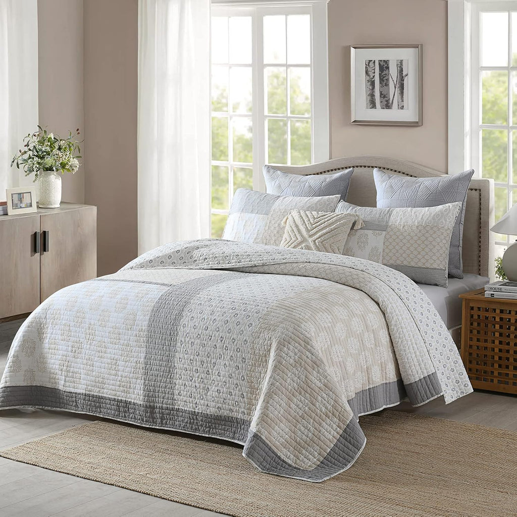 Y-PLWOMEN King Size Quilt, 100% Cotton Lightweight Soft King Quilt, Cream Grey White Quilted Bedspread, Patchwork Reversible Quilt Bedding Set All Season, 3-Pieces1