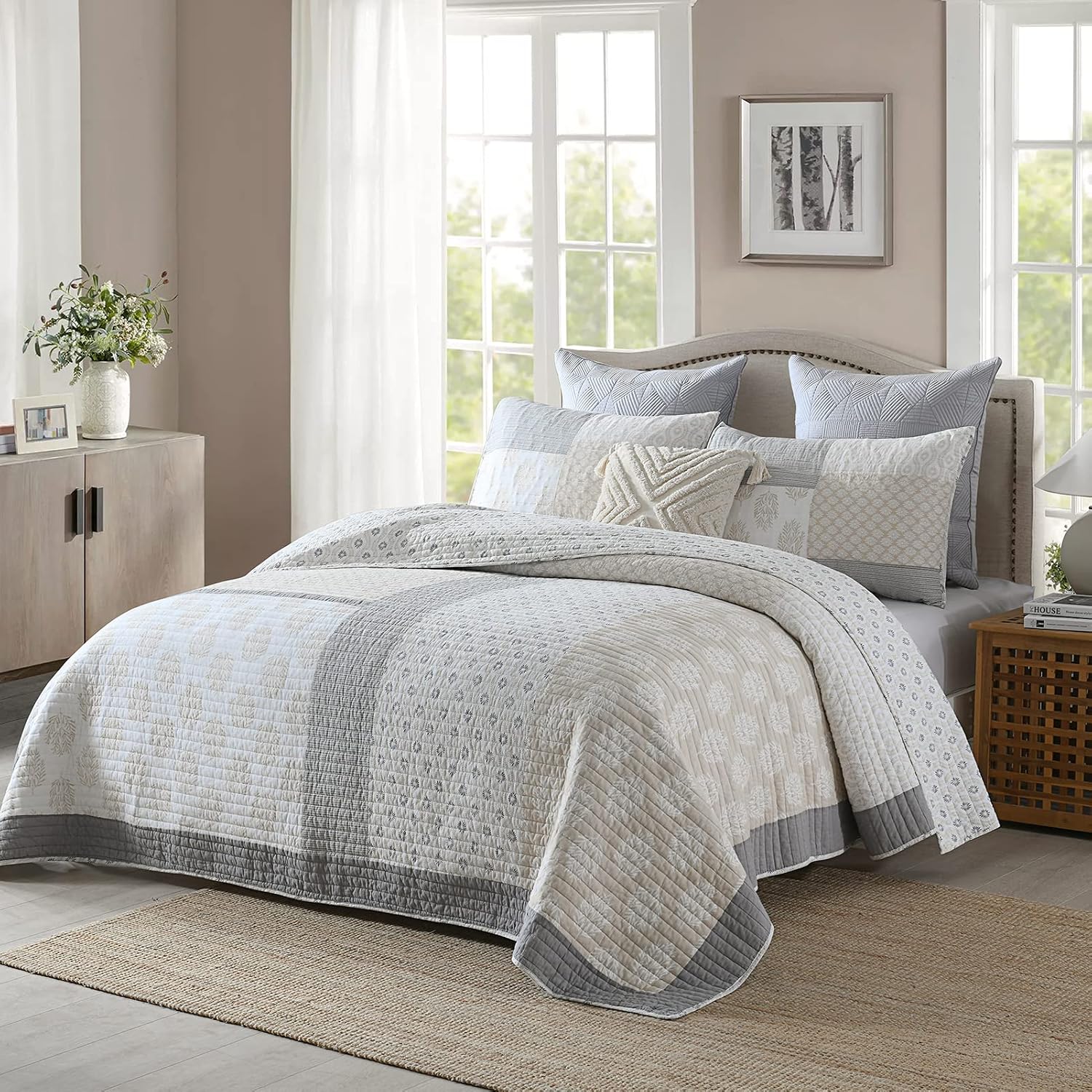 Y-PLWOMEN King Size Quilt, 100% Cotton Lightweight Soft King Quilt, Cream Grey White Quilted Bedspread, Patchwork Reversible Quilt Bedding Set All Season, 3-Pieces1