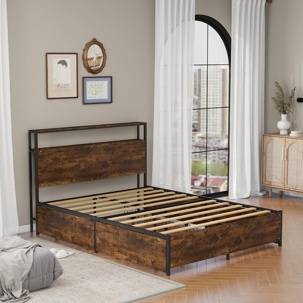 Panana Full/Queen Size Bed Frame with 4 Storage Drawers and Headboard, 2 Tier Shelves Headboard Storage, with Slats, Noise Free, No Box Spring Needed (Vintage Brown, Queen)