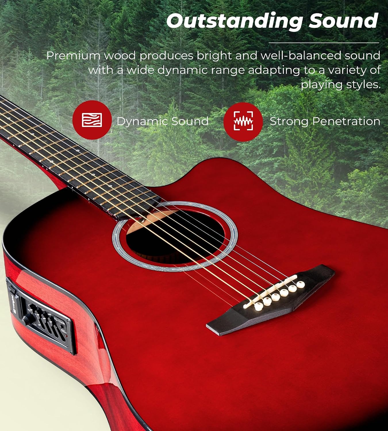 Vangoa Electric Acoustic Guitar Kit for Beginners Adults 41 inch Full Size Cutaway Electric Acoustic Guitar Bundle Set with Built-in Pickups Bag Tuner Strap Capo Picks Cable, Glossy Red
