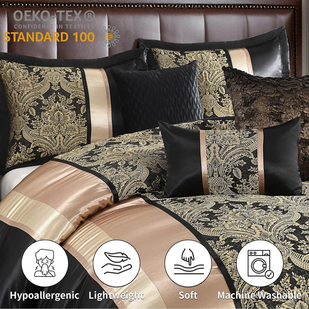 SahSahCasa 7-Piece Luxury King Comforter Set, Bed in a Bag King, Jacquard Silky Fluffy Comforter Bedding Set with Bedskirt, Decorative Pillows, Elegant Reversible, Down-Alternative, Black/Gold
