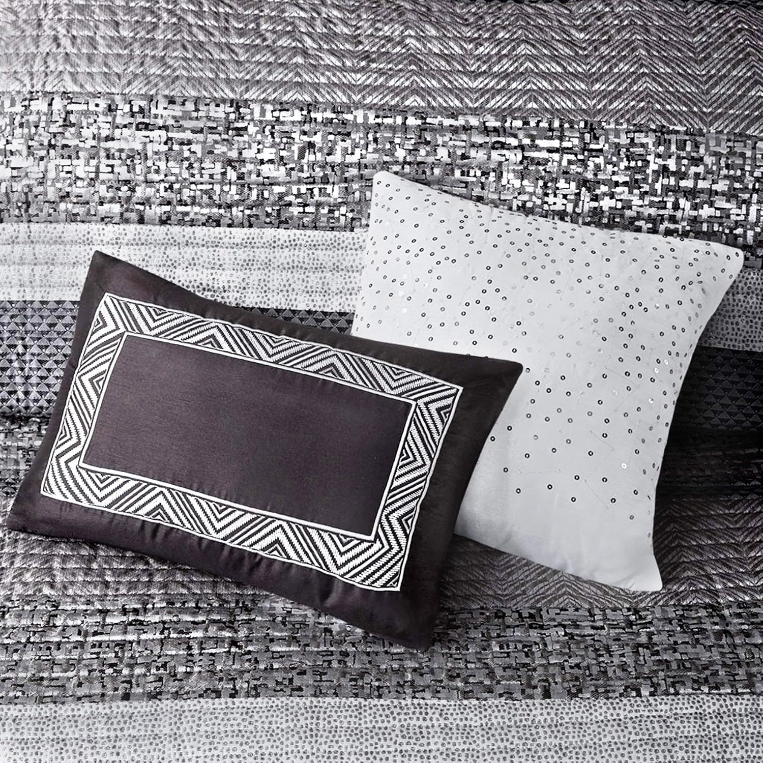Madison Park King Quilt Set Lustrous Jacquard & Glitter Accent Coverlet Set - All Season, Lightweight Quilt Set, Shams, Decorative Pillow, King/Cal King Chevron Grey/Taupe