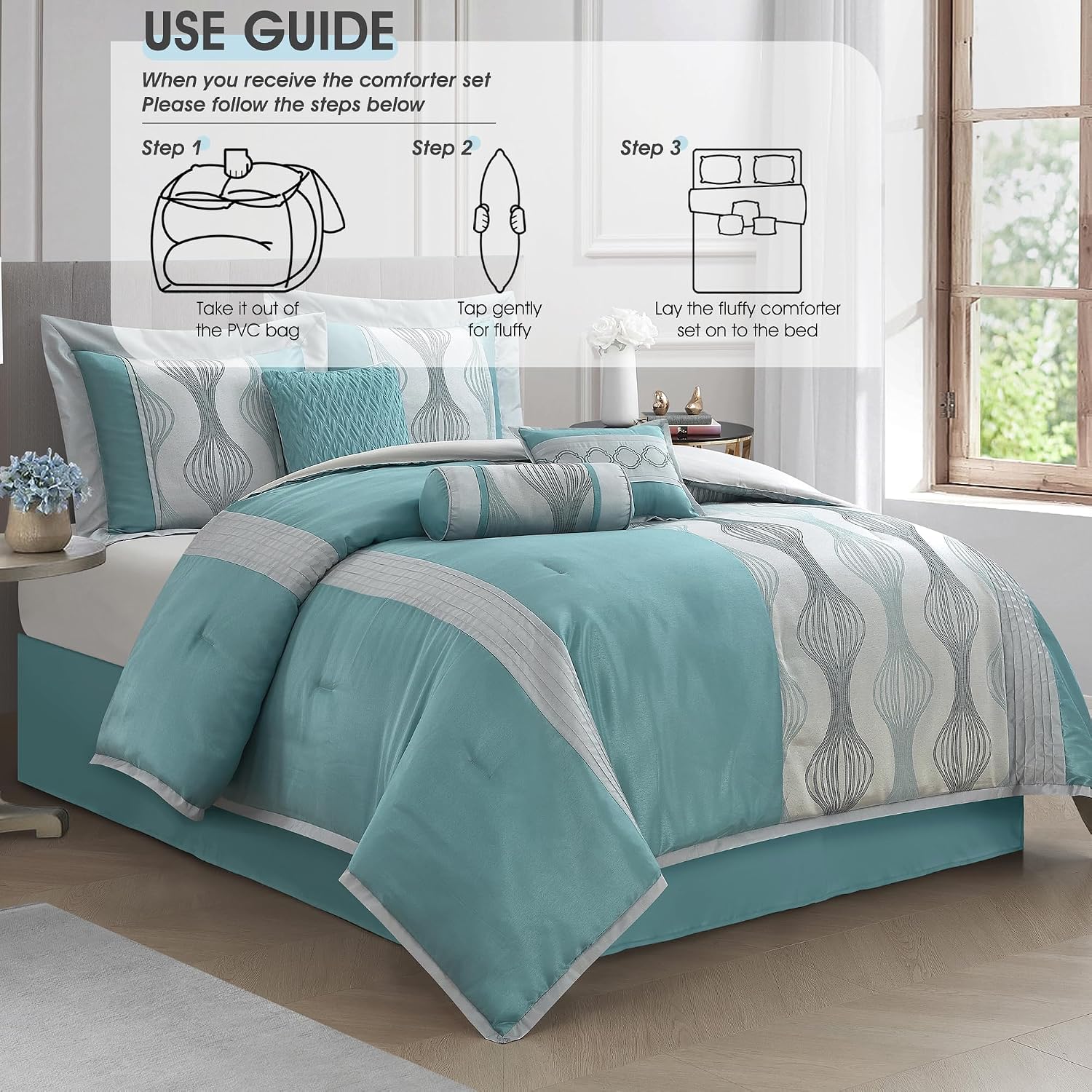 LANCO MODERN LIFESTYLE California King Comforter Set, Blue, 7 Pieces in a Bag, Ultra Soft Jacquard with Solid Piecework, Luxury Bed Set with Comforters, Bed Skirt, Pillow Shams and Decorative Pillows
