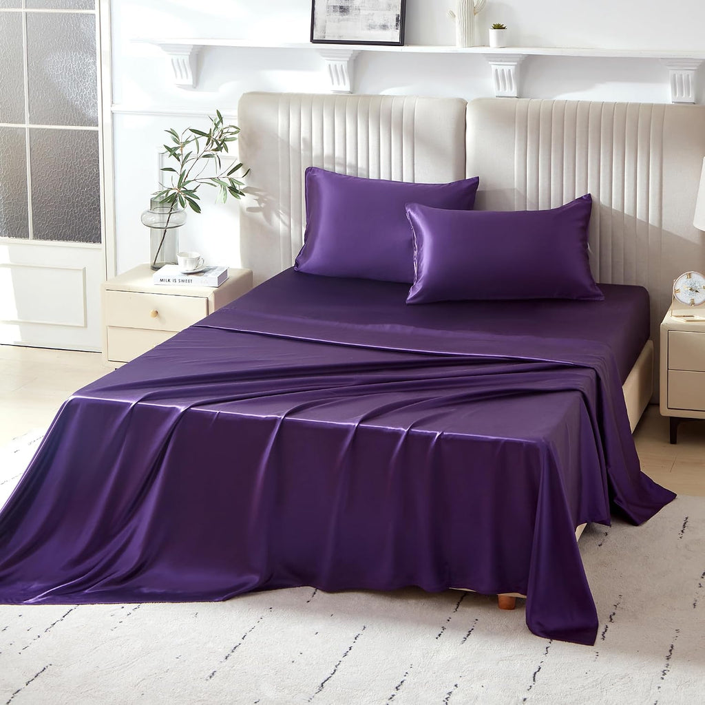 Mulberry Park Silks - 22 Momme 100% Mulberry Silk Sheets - Queen Size Bed Set - 16' Pocket - Luxurious Bed Sheets & Pillowcases, Skin-Friendly & Breathable - Charmeuse Silk for Hair Care - Plum