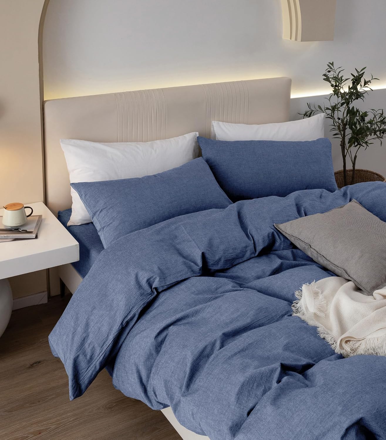 JIYUAN Super King Plus Duvet Cover Set, 3-Piece - 100% Washed Cotton, Linen-Like Soft & Breathable with Zipper Closure, Includes 120x120 Inch Cover & 2 Pillowcases, Heathered Blue
