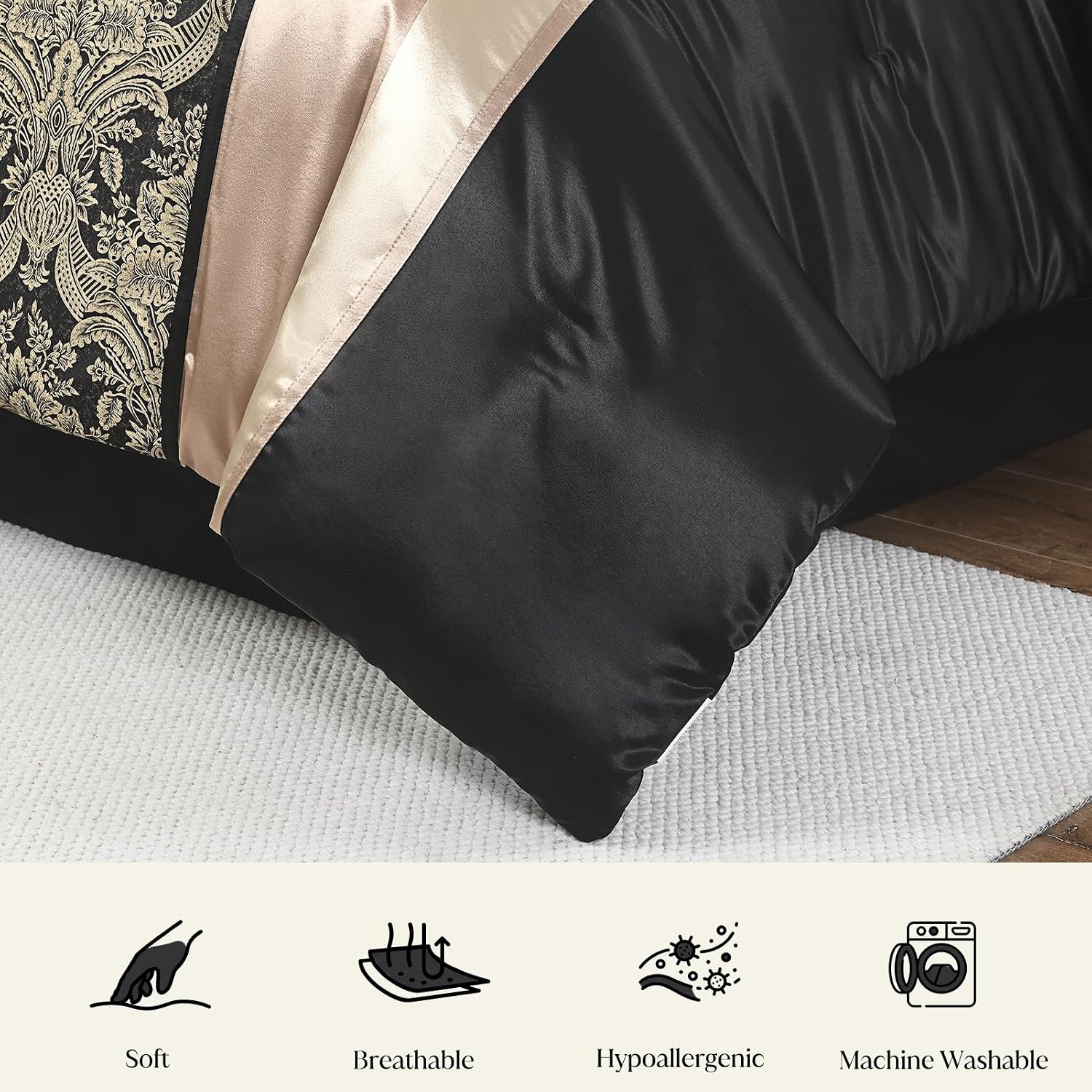 CozyDH Black Gold Jacquard Comforter Set - 7 Piece Queen Luxury Damask Floral Patchwork, All Season Down Alternative Silky Bedding Bed in a Bag with Bed Skirt, Shams, Decorative Pillows, 90x90 in