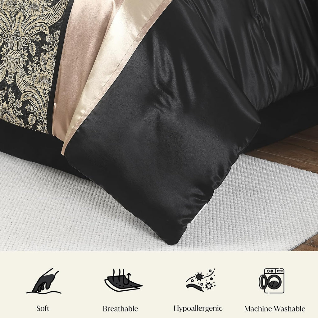 CozyDH Black Gold Jacquard Comforter Set - 7 Piece King Luxury Damask Floral Patchwork, All Season Down Alternative Silky Bedding Bed in a Bag with Bed Skirt, Shams, Decorative Pillows, 104x90 in