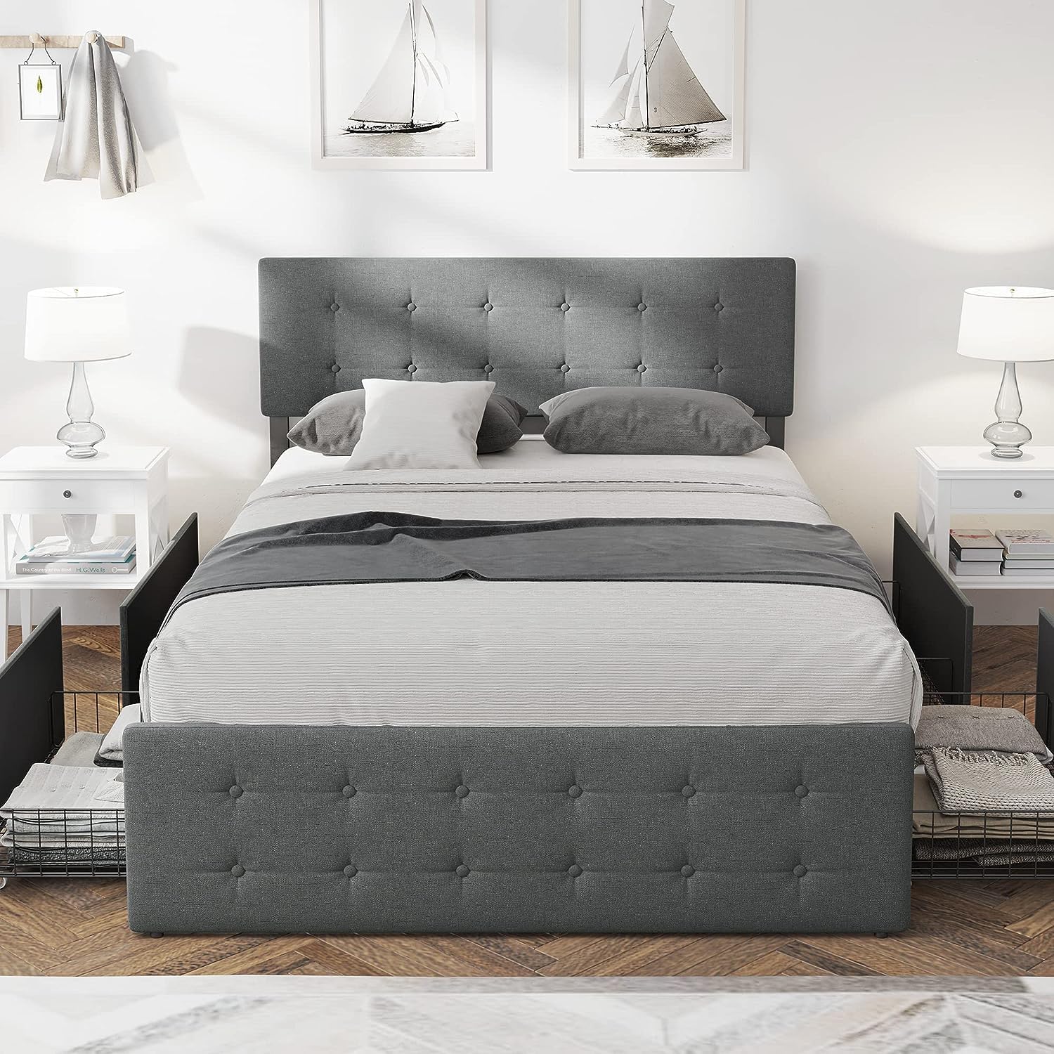 GAOMON Full Size Bed Frame with 4 Drawers Storage and Headboard, Tufted Upholstered Full Platform Bed Frame Mattress Foundation with Wood Slat Support, No Box Spring Needed, Noise-Free (Full)