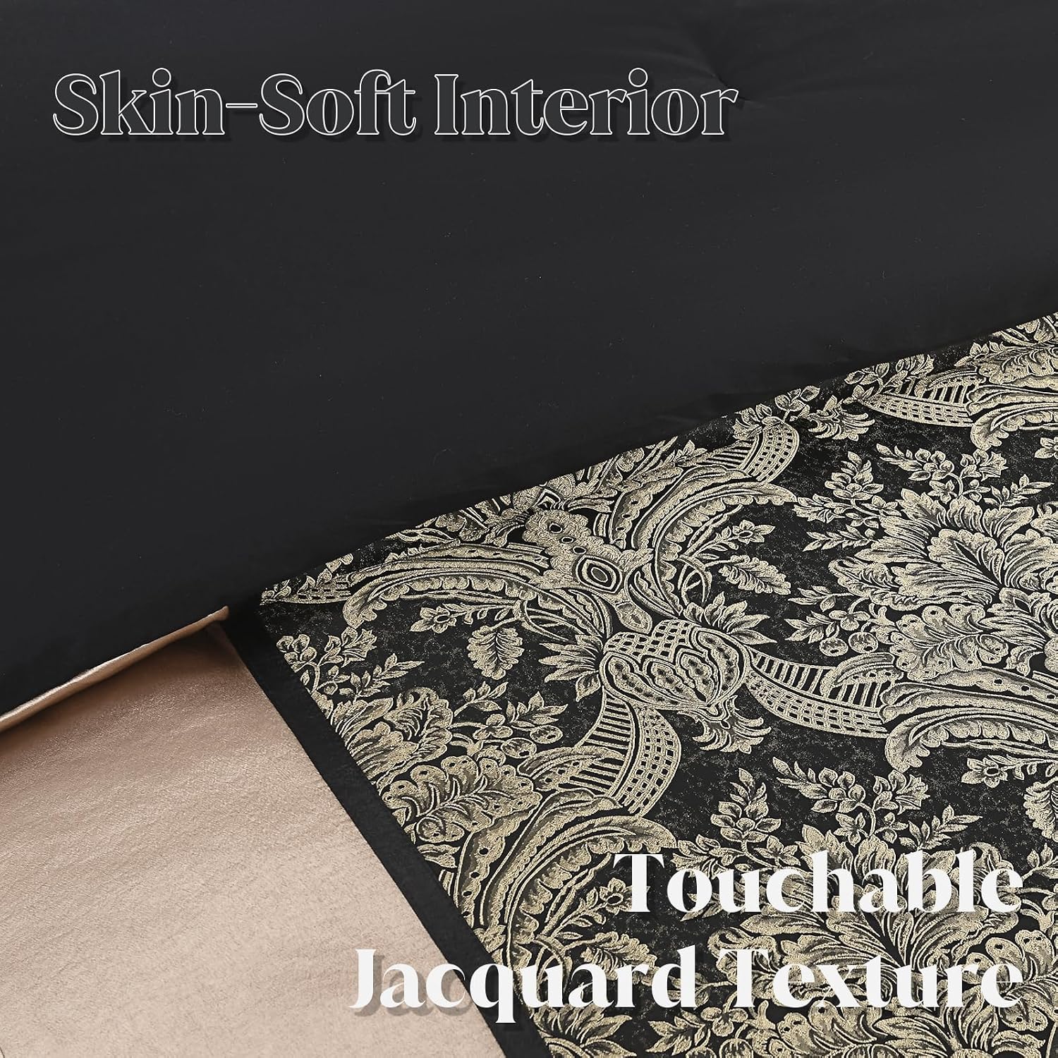 CozyDH Black Gold Jacquard Comforter Set - 7 Piece Queen Luxury Damask Floral Patchwork, All Season Down Alternative Silky Bedding Bed in a Bag with Bed Skirt, Shams, Decorative Pillows, 90x90 in