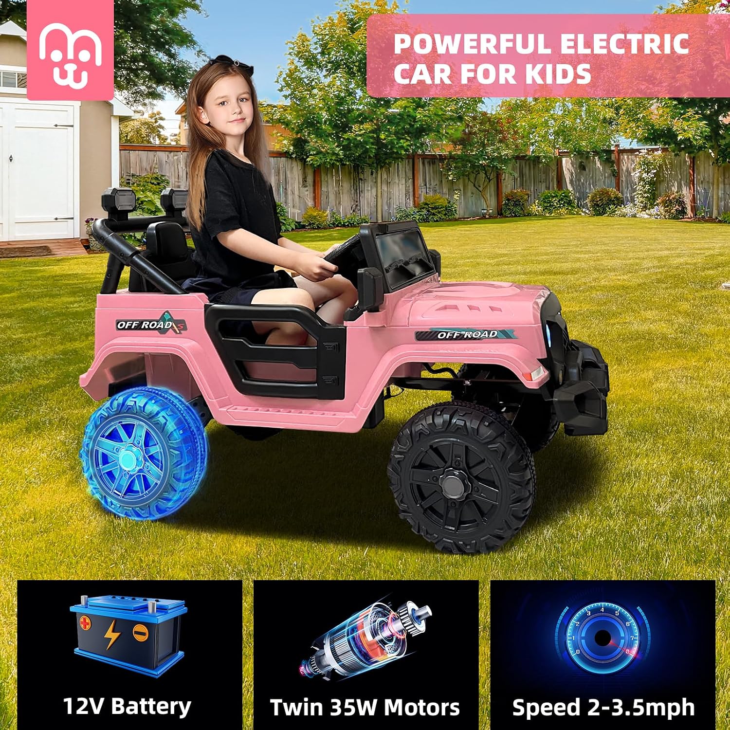 MINIATURE MOTORS 12V Kids Electric Ride on Truck Car Remote Control, Twin 35W Motors 3.5MPH Max Speed, Bluetooth Music Player, 4 Wheels Suspension LED Lights Safety Belt Gift for Boys Girls-Light Pink