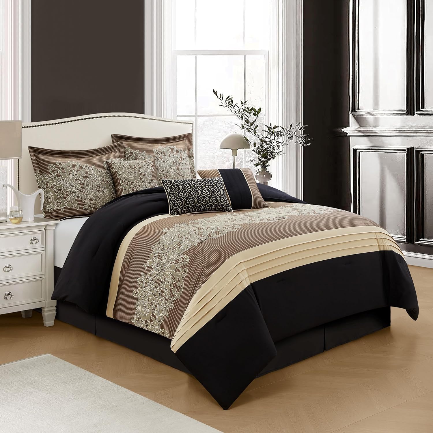 Stratford Park Black/Gold Cal King Comforter Set, 7 Piece, Bedding Sets & Collections, Pillow Shams Bedskirt, Jacquard Comforters, All Season