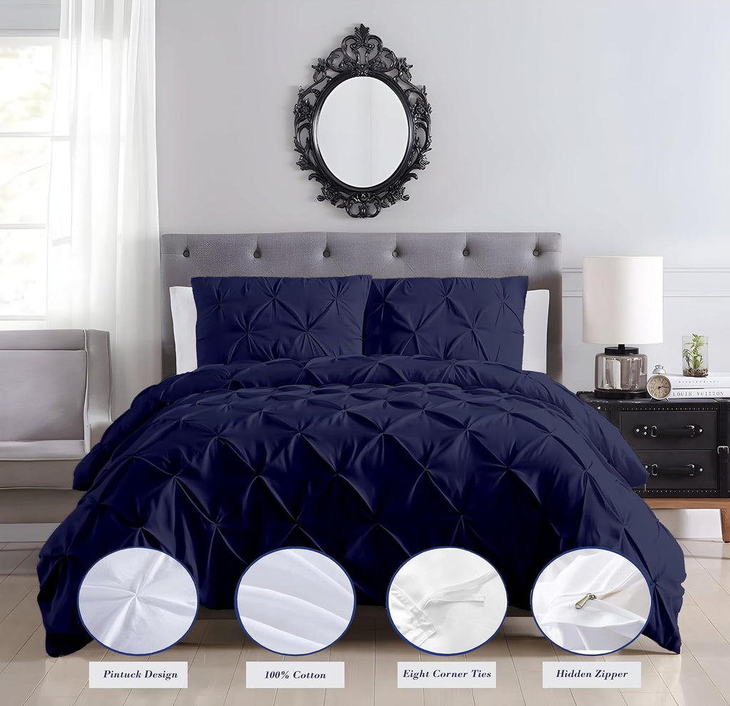 Luxury Navy Blue Pinch Pleated Pintuck Duvet Cover Set Oversized King Plus 120'x128' Size Egyptian Cotton Luxury Soft & Breathable Comforter Cover with Corner Ties & Zipper Closure
