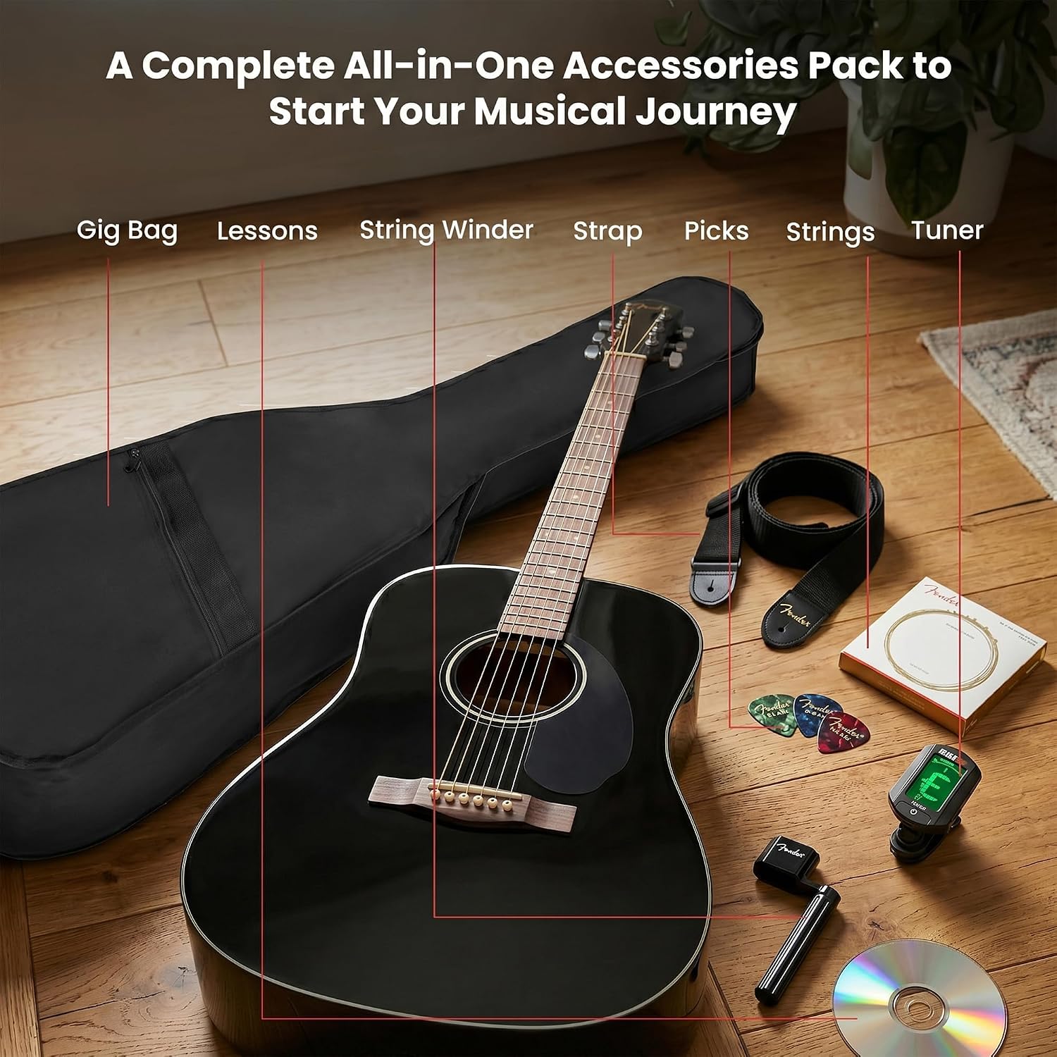Fender Classic Design Dreadnought Acoustic Guitar - Black Bundle with Gig Bag, Tuner, Strap, Strings, String Winder, Picks, and Austin Bazaar Instructional DVD